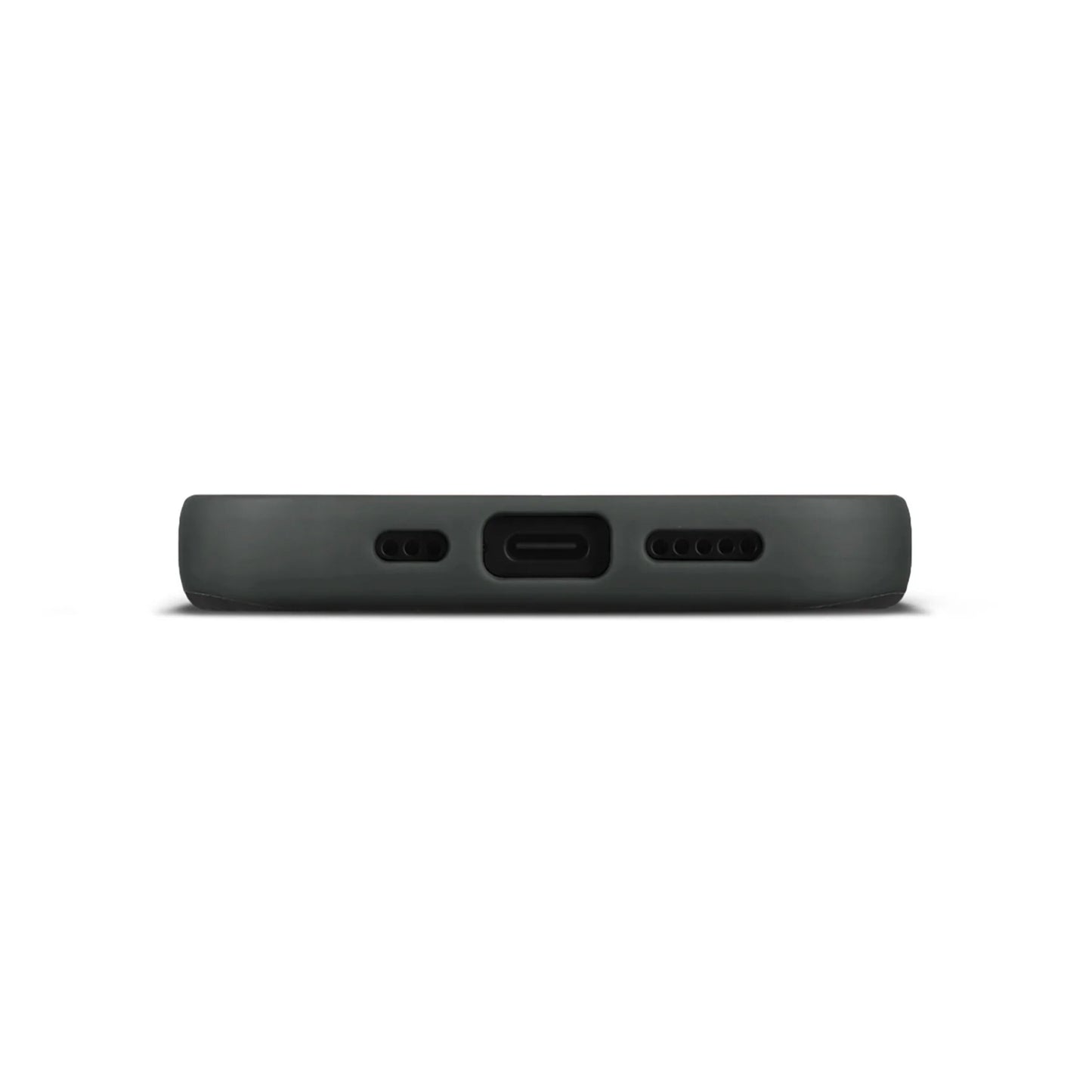 WOOLNUT læderetui til iPhone 17 Sort, close-up af bundt med USB-C port, højtaler- og mikrofonhuller, MagSafe kompatibel.