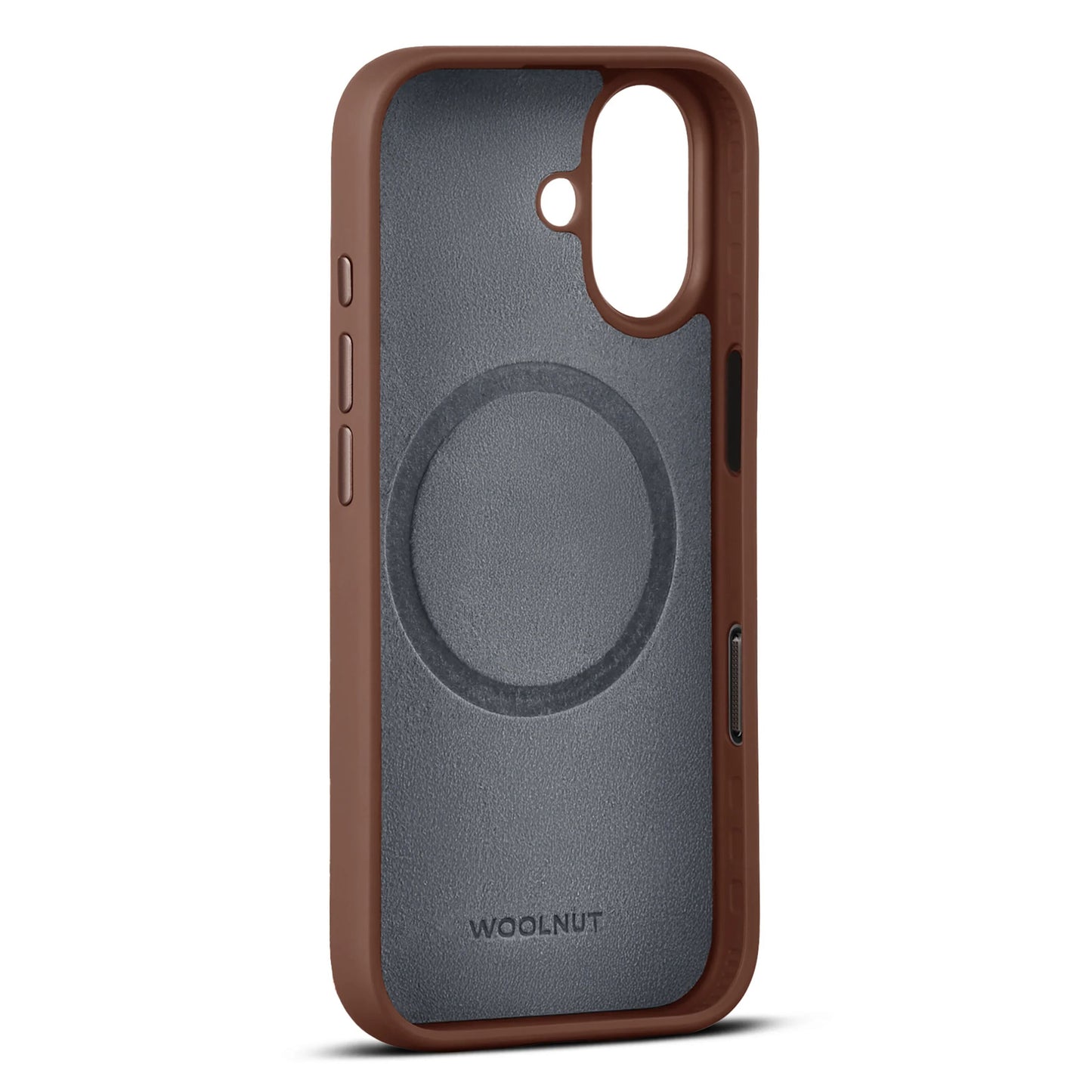 WOOLNUT læderetui til iPhone 17 Cognac med gråt inderfor, MagSafe-cirkel i midten, Woolnut-logo nederst.