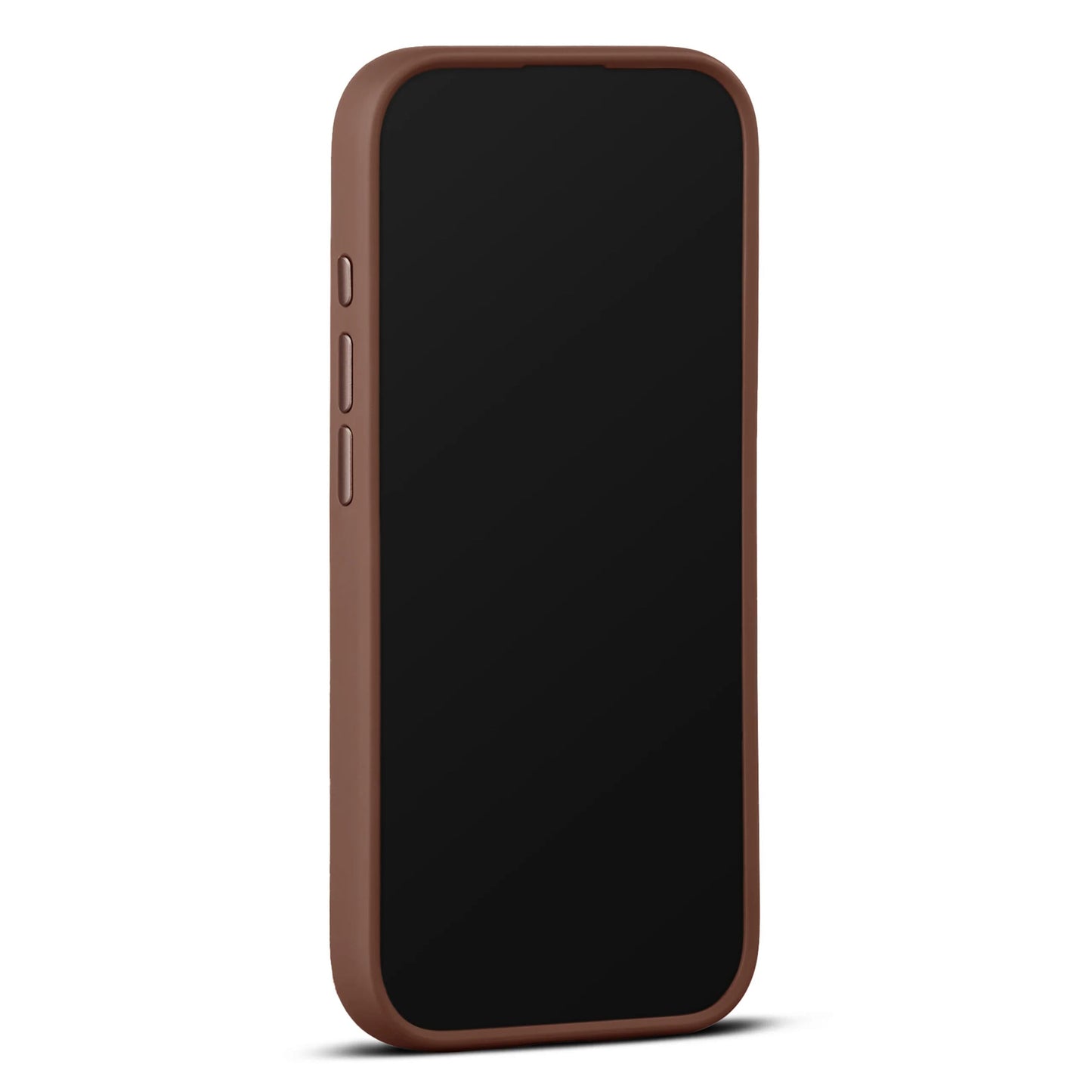 WOOLNUT læderetui til iPhone 17 cognac, mat finish, afrundede hjørner, udskæringer til knapper, MagSafe, sort skærm.
