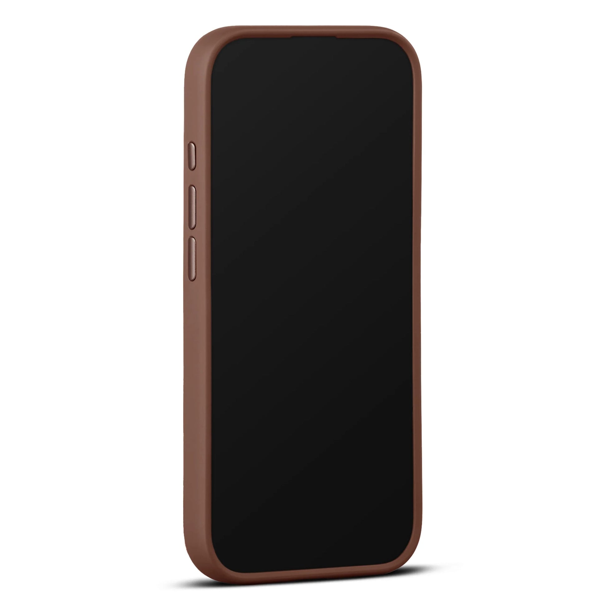 WOOLNUT læderetui til iPhone 17 cognac, mat finish, afrundede hjørner, udskæringer til knapper, MagSafe, sort skærm.