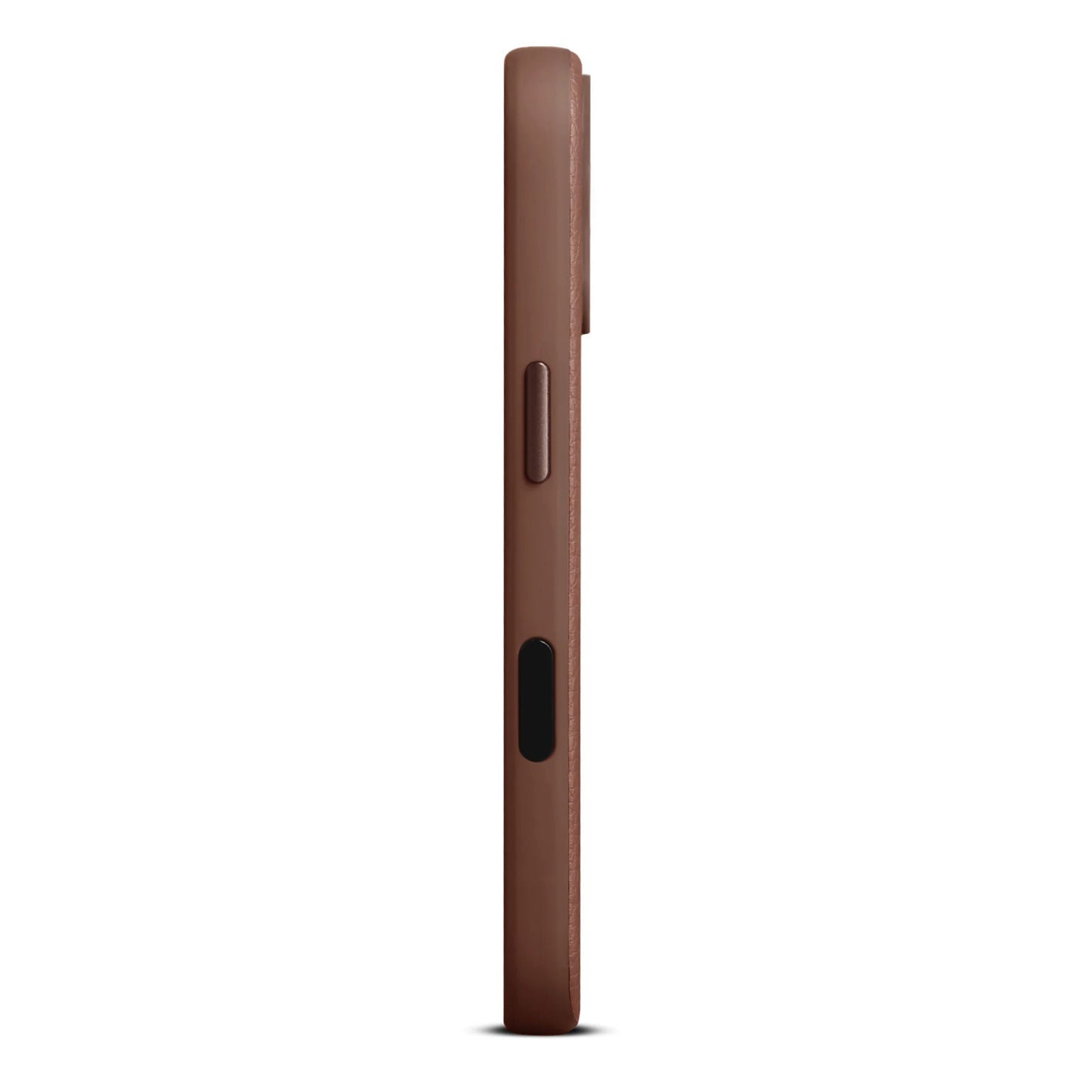 WOOLNUT læderetui til iPhone 17 Cognac, side, MagSafe, skandinavisk læder, synlige knapcovers og kameraudspring.