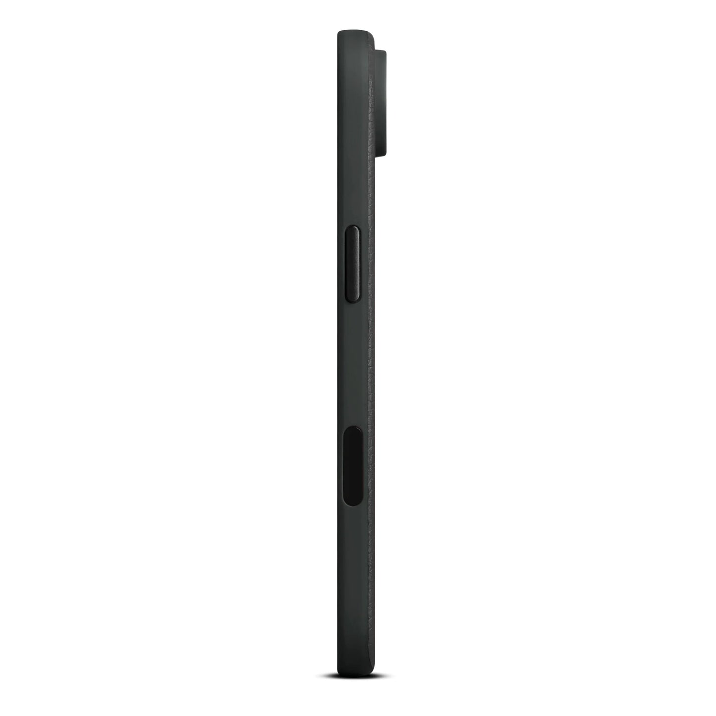 WOOLNUT læderetui til iPhone Air Sort, sideprofil med tyndt design, to sideknapper og let udstående kamerabump.