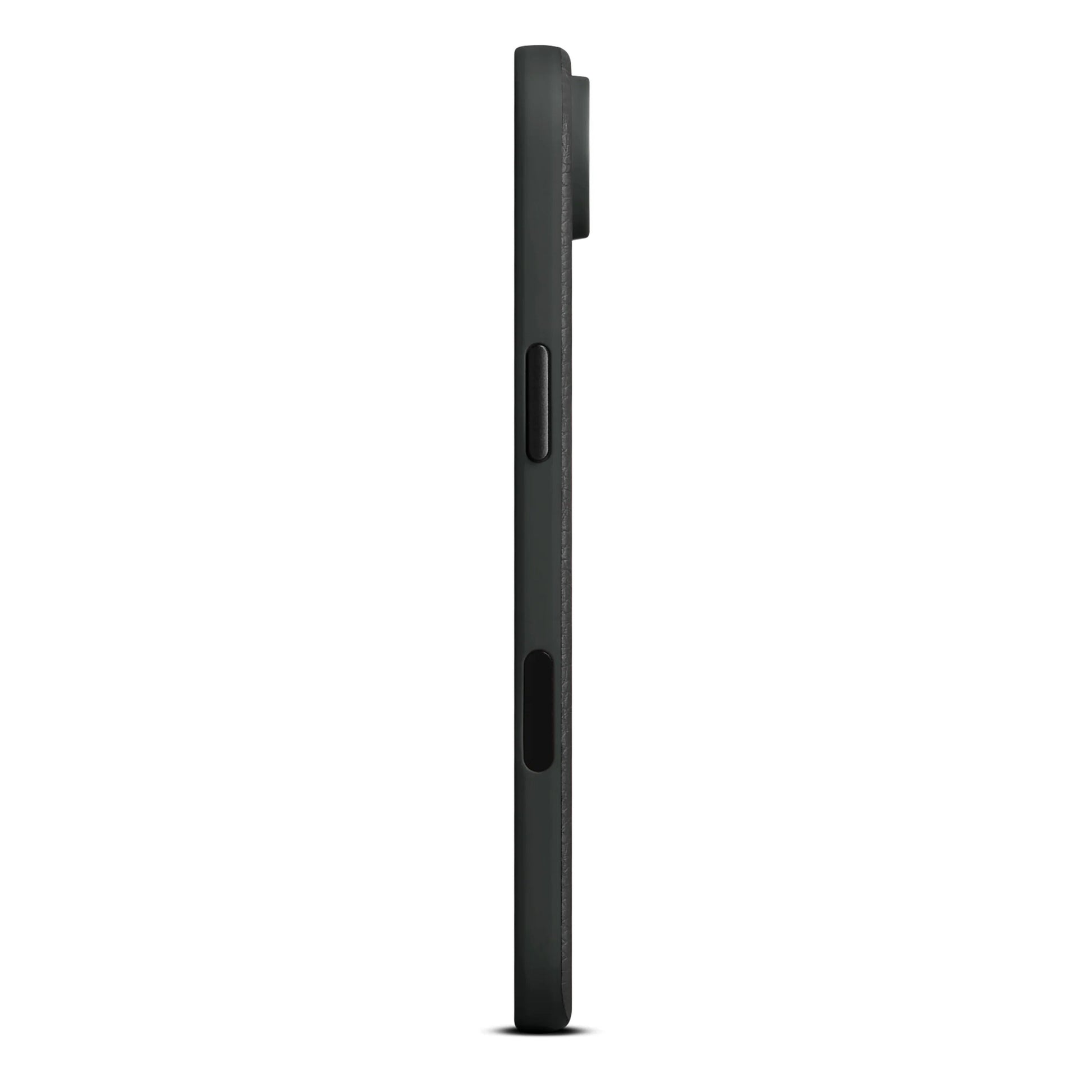 WOOLNUT læderetui til iPhone Air Sort, sideprofil med tyndt design, to sideknapper og let udstående kamerabump.
