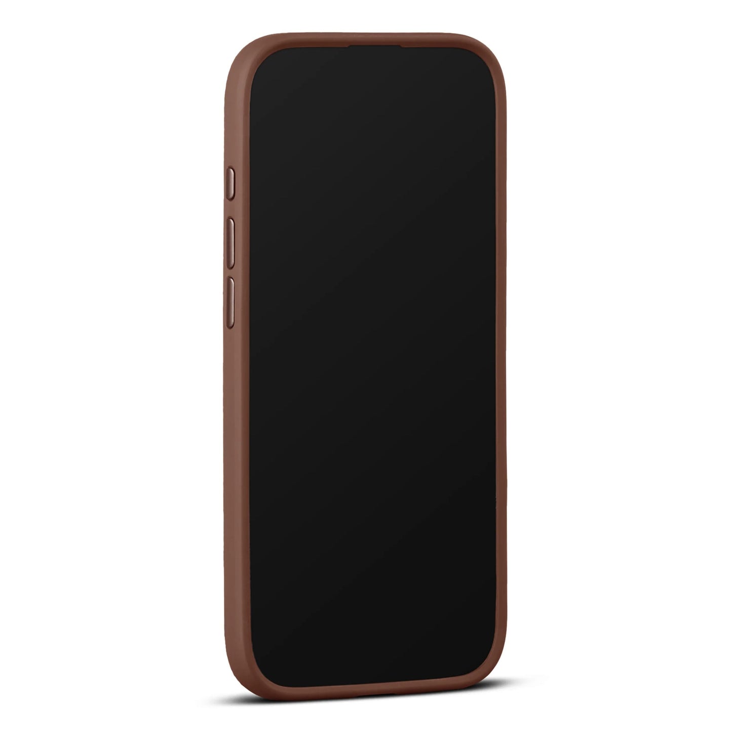 WOOLNUT læderetui til iPhone Air Cognac MagSafe-kompatibel trådløs opladning af smartphone med sort skærm.