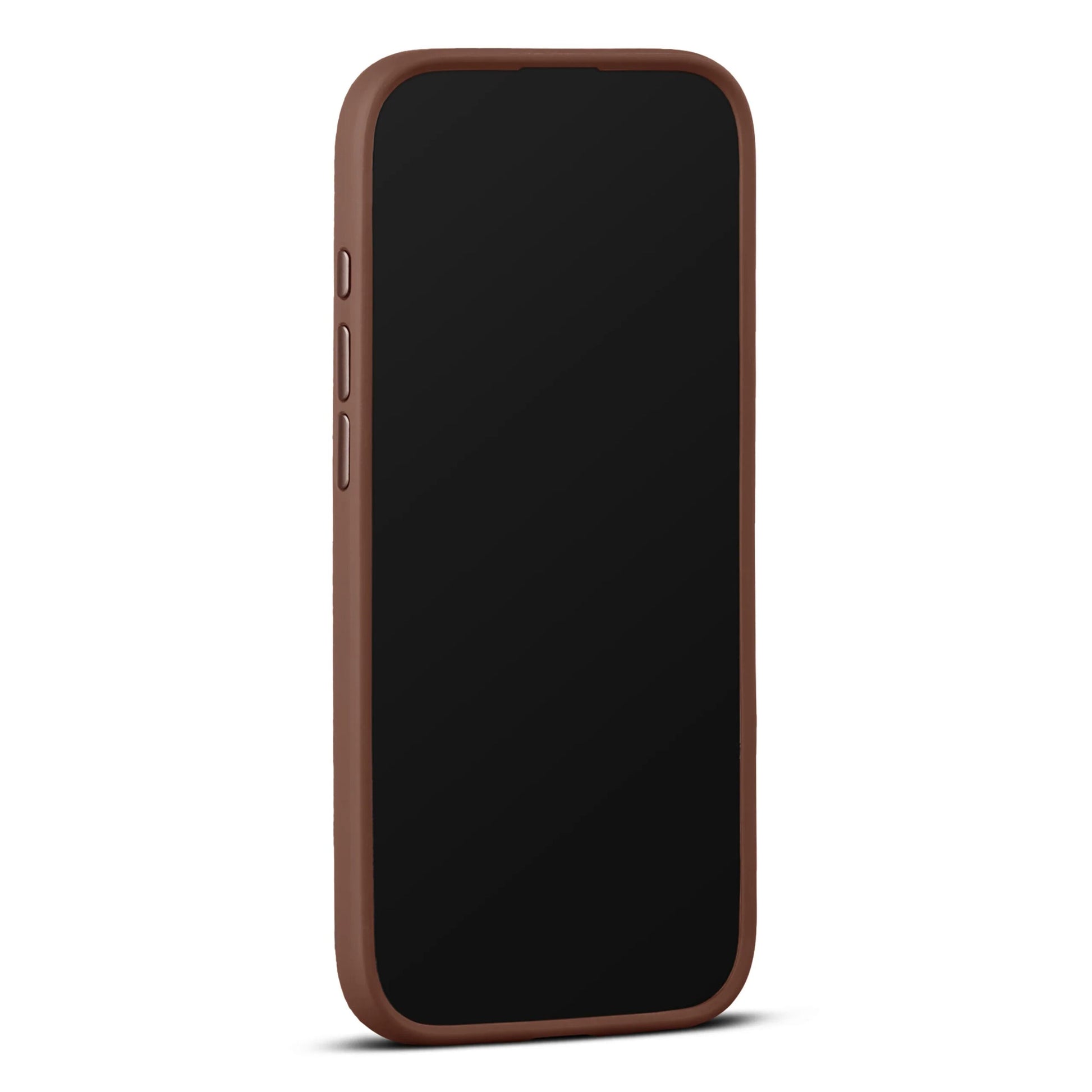 WOOLNUT læderetui til iPhone Air Cognac MagSafe-kompatibel trådløs opladning af smartphone med sort skærm.