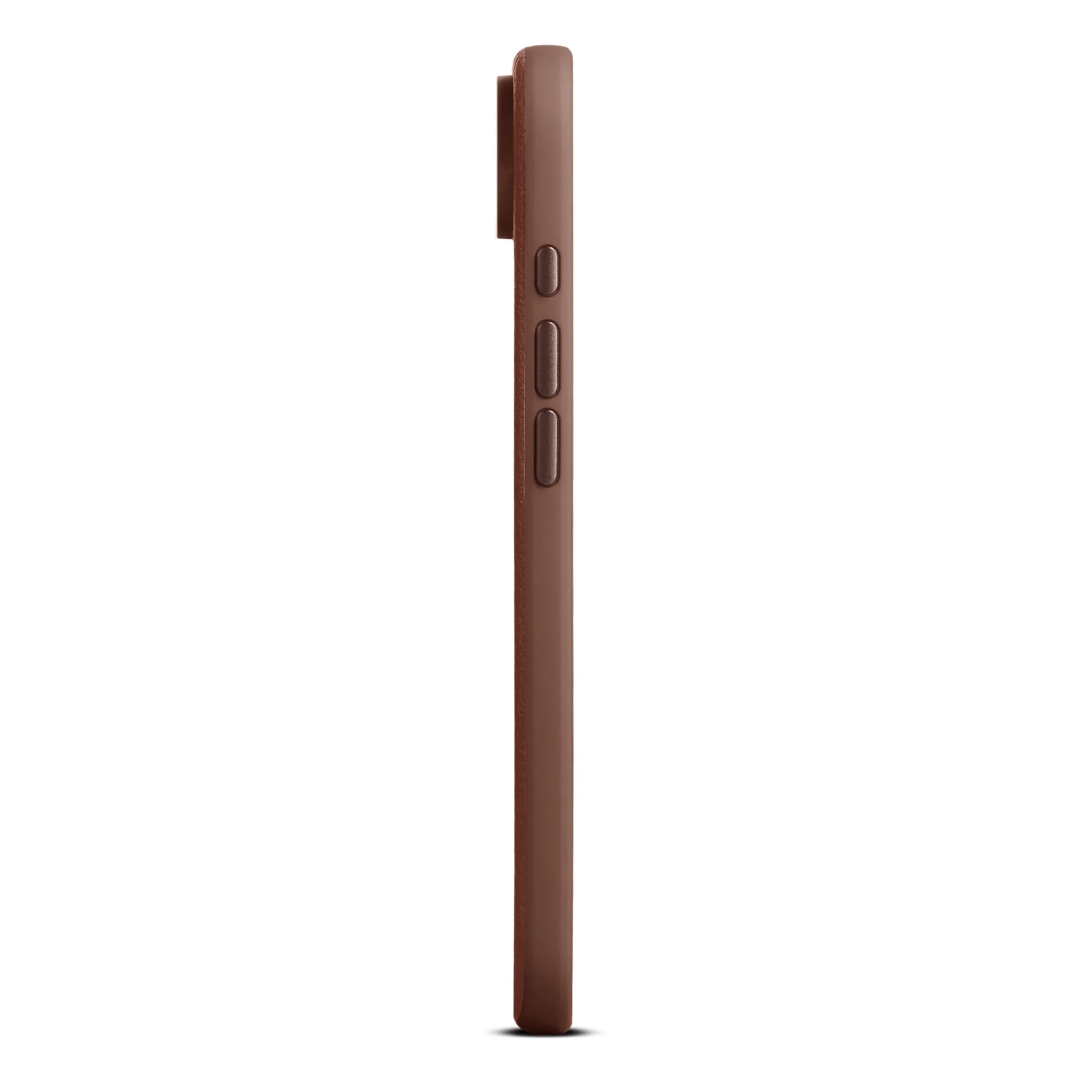 WOOLNUT læderetui til iPhone Air Cognac, sideview med tre knapper, hævet kamerasektion, smalt design, MagSafe kompatibel.