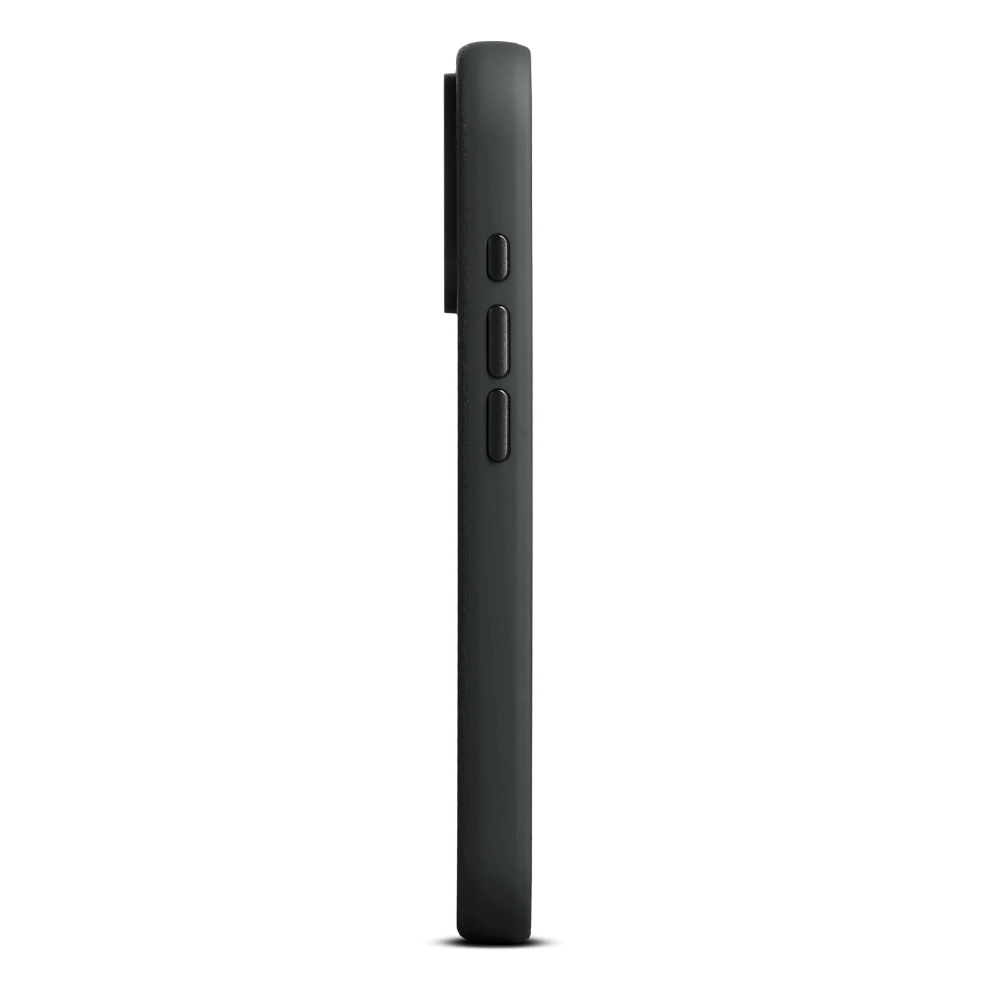 WOOLNUT læderetui til iPhone 17 Pro sort, MagSafe-kompatibel, to knapper og kamerabump, set fra siden.