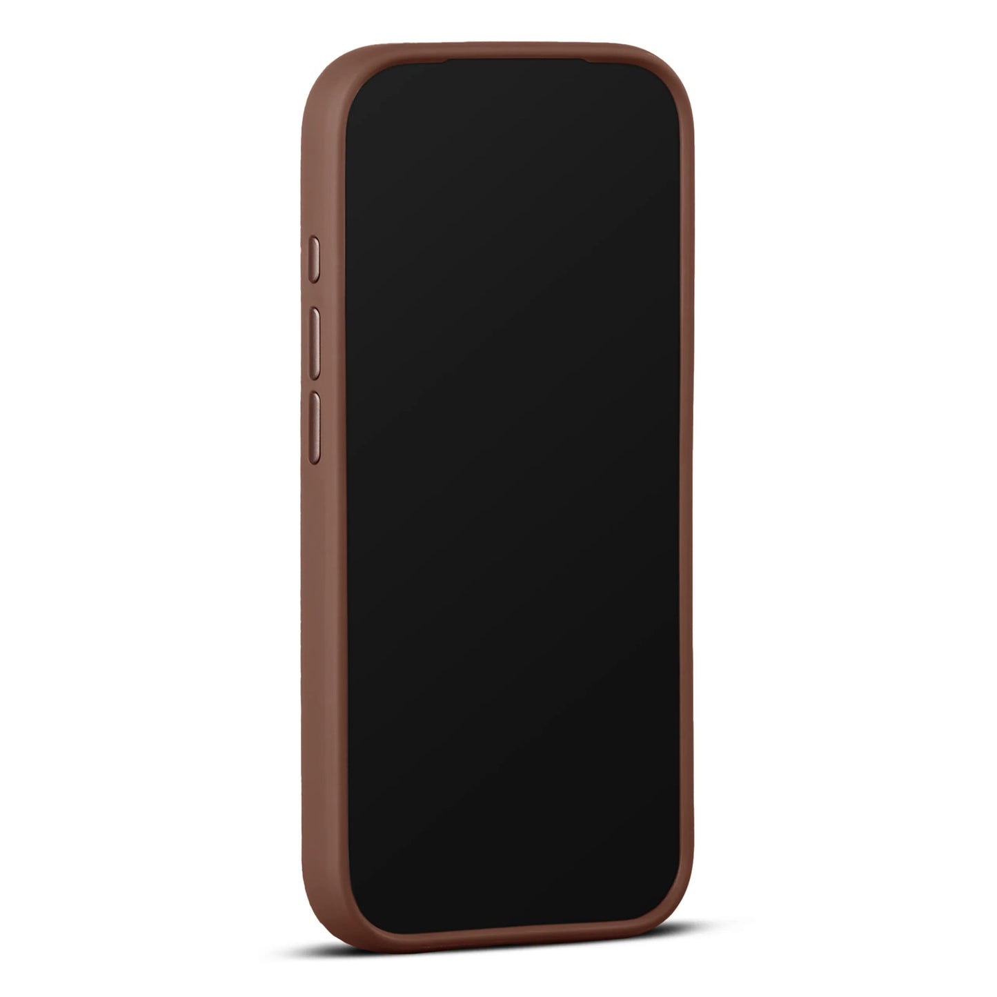 WOOLNUT læderetui iPhone 17 Pro Cognac, slankt brunt cover med sideknap-udskæringer, sort forside, MagSafe-kompatibel.