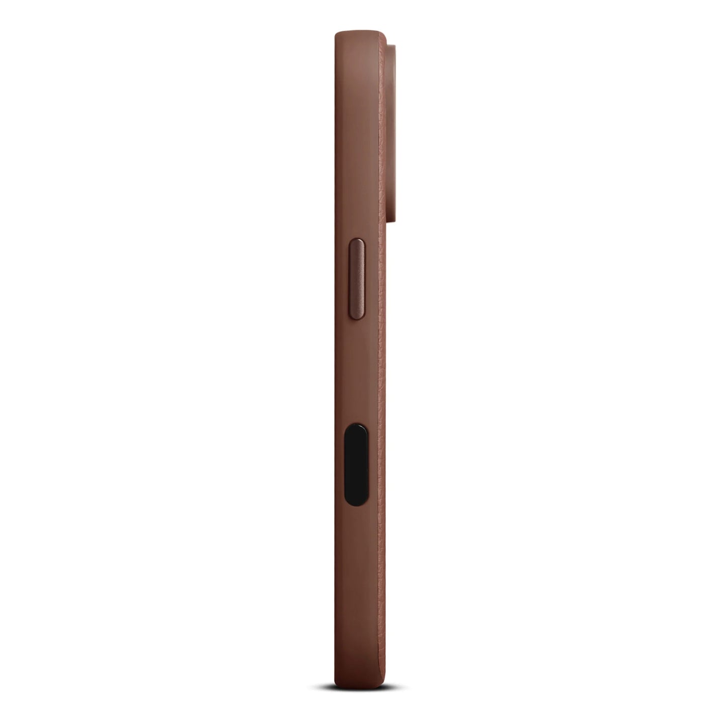 WOOLNUT læderetui til iPhone 17 Pro Cognac, side, knapper til højre, synligt kamera og fuld MagSafe kompatibilitet.
