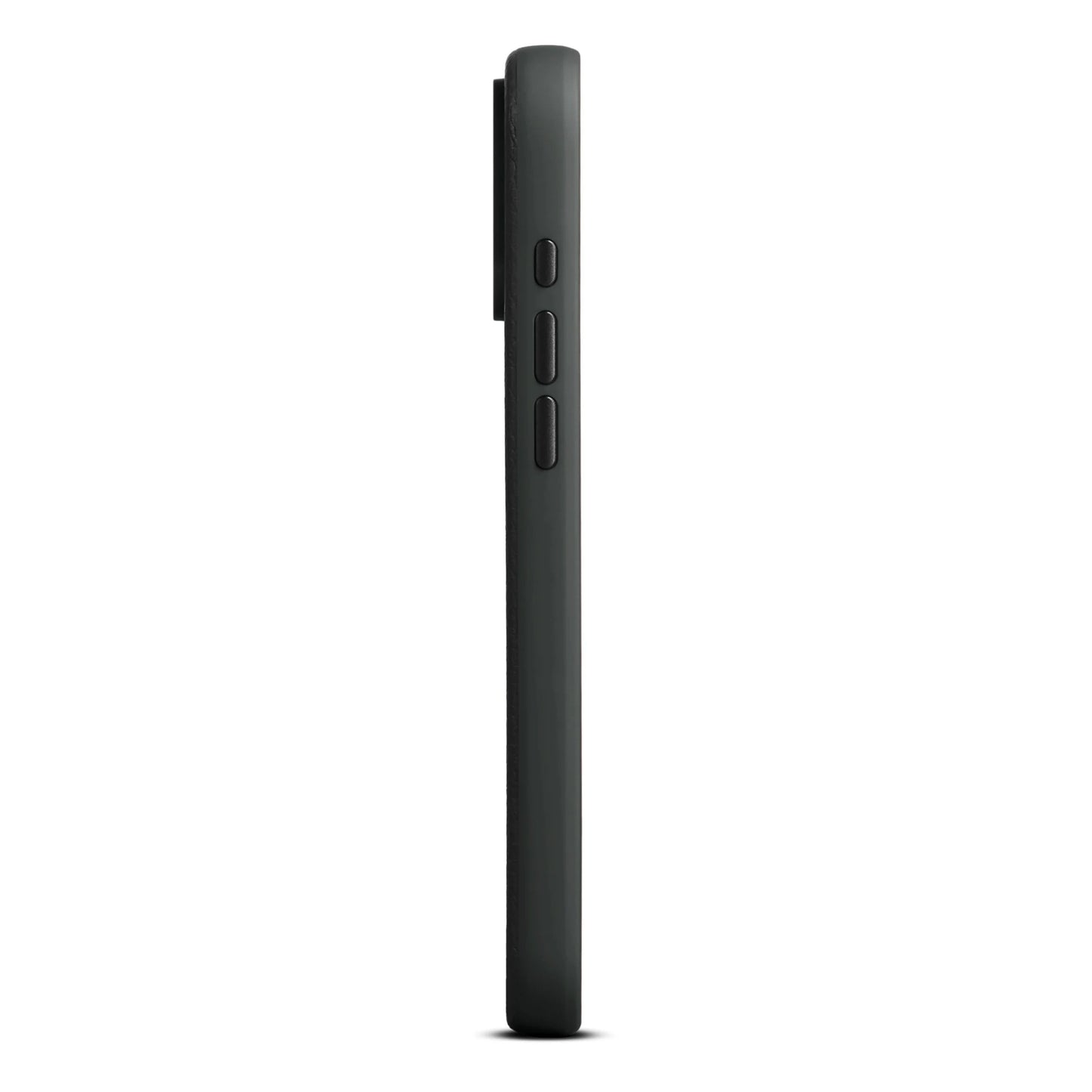 WOOLNUT læderetui til iPhone 17 Pro Max sort, sidevisning med udskæringer til knapper og kamera, MagSafe-kompatibel.