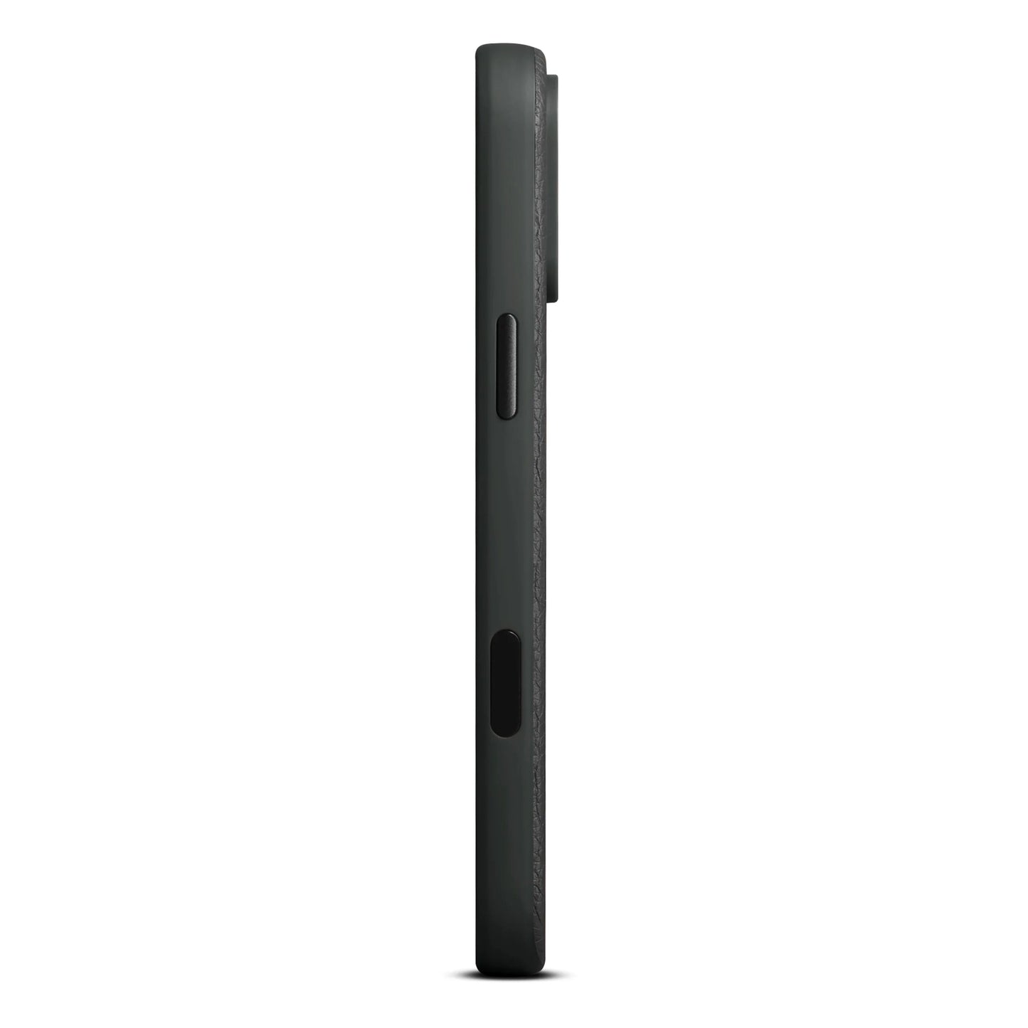 Sideview af sort iPhone 17 Pro Max med tynd profil, kamerabump, MagSafe-kompatibel, passer til WOOLNUT læderetui.