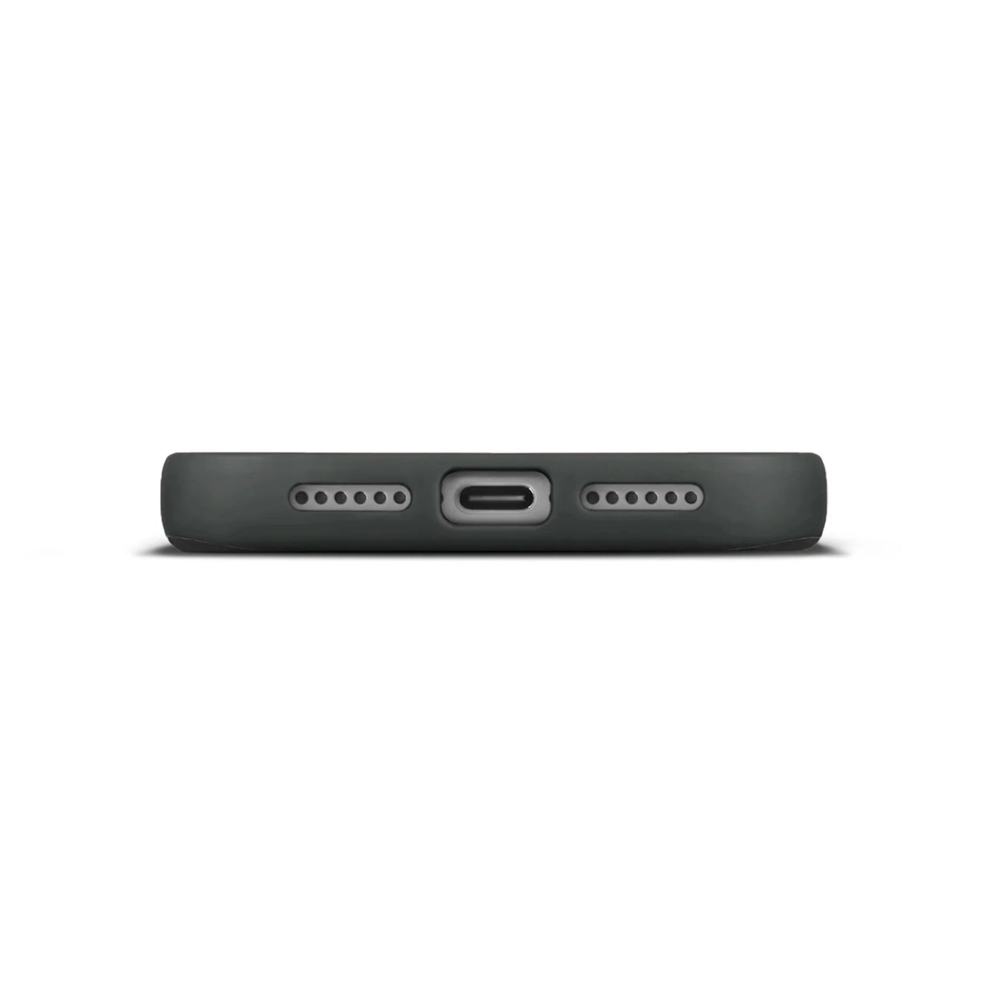 WOOLNUT læderetui til iPhone 17 Pro Max sort, close-up af bund med central ladeport og til symmetrisk højttalergrill.