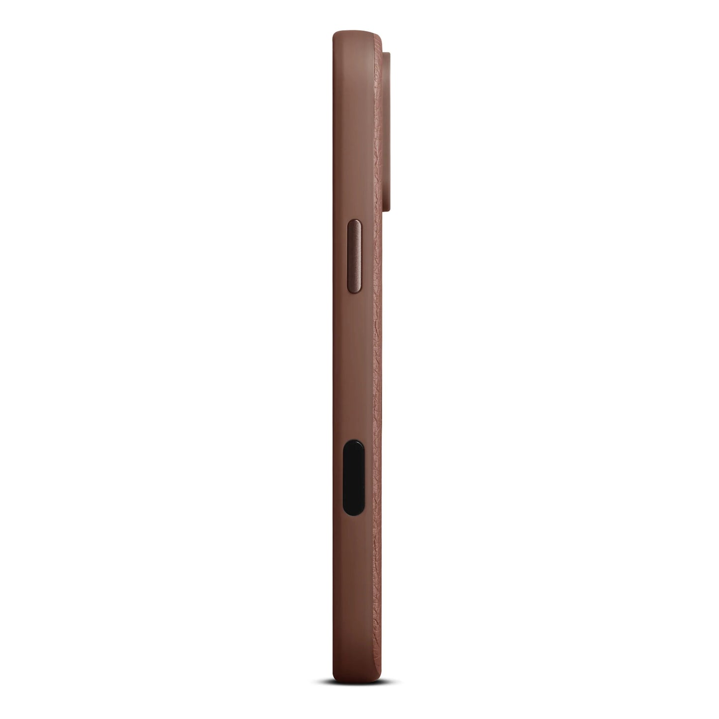 WOOLNUT læderetui til iPhone 17 Pro Max, Cognac, vises fra siden med slank profil, sideknapper, kamerabump og MagSafe.