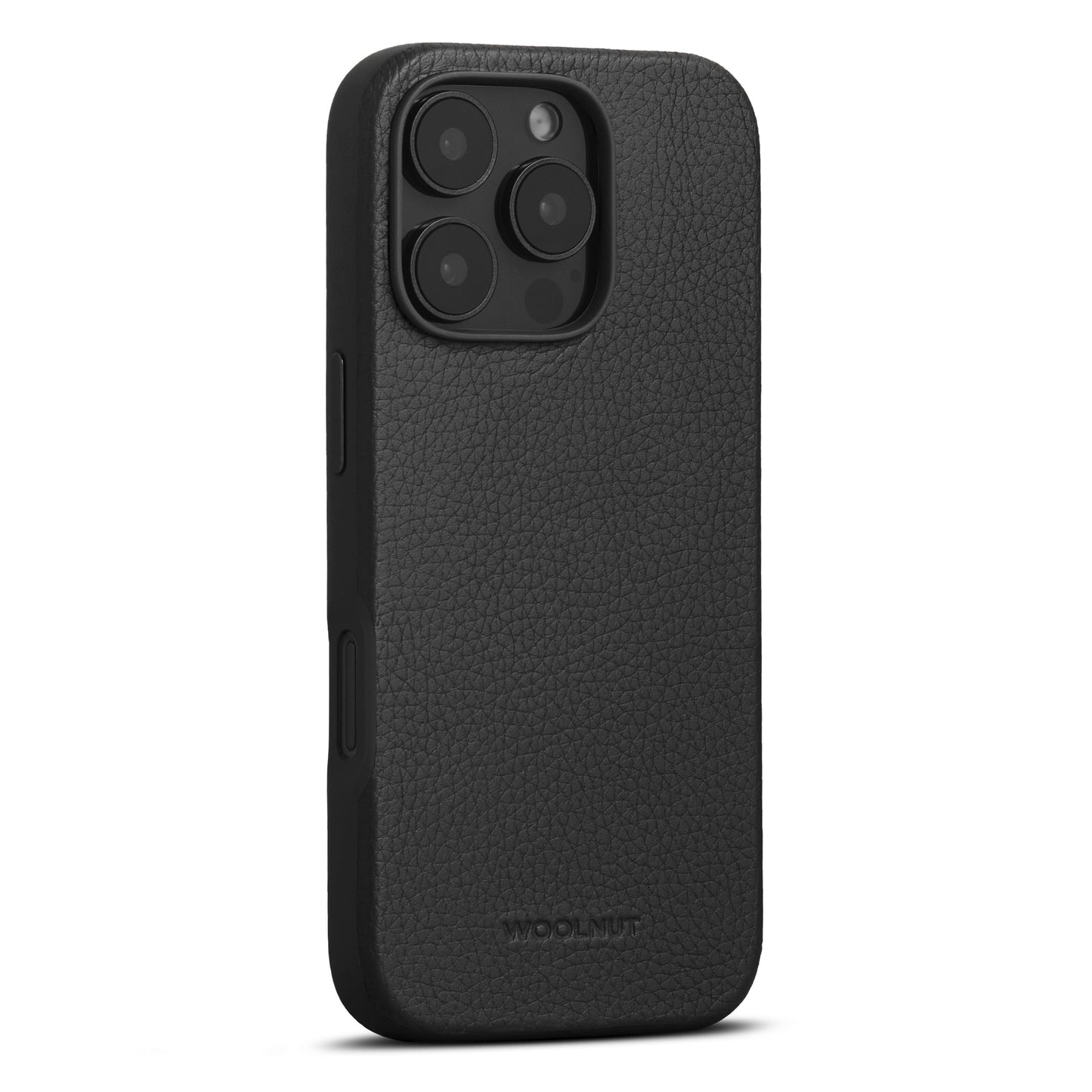 WOOLNUT læderetui til iPhone 16 Pro sort med præcise kameratudskæringer, sideknapdækning, MagSafe og Woolnut-logo.