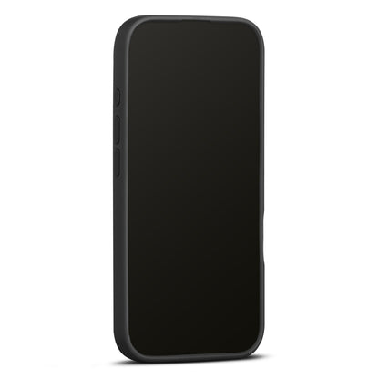 WOOLNUT læderetui til iPhone 16 Pro sort, oprejst med synlige sideknapper, MagSafe kompatibel, slukket skærm.