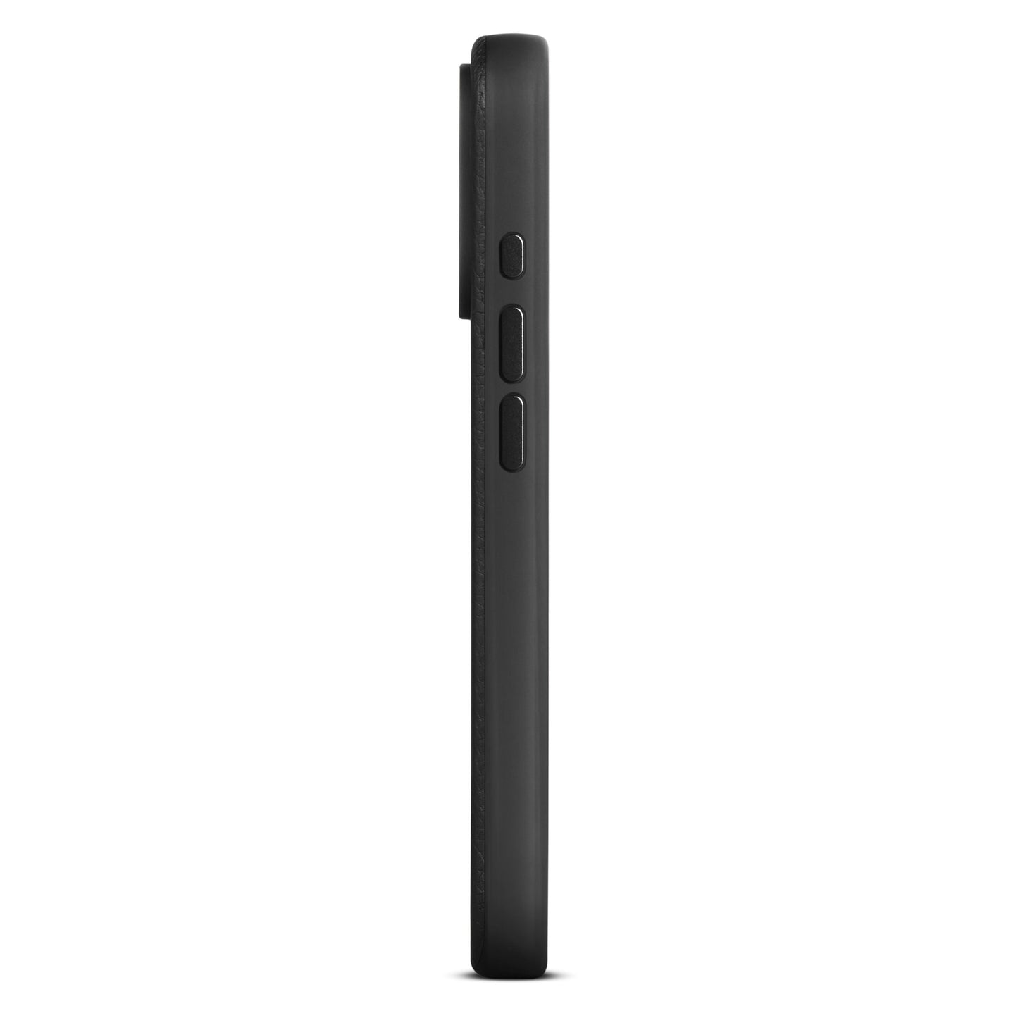 WOOLNUT læderetui til iPhone 16 Pro Sort, side med to knapper, kamerabump og MagSafe.