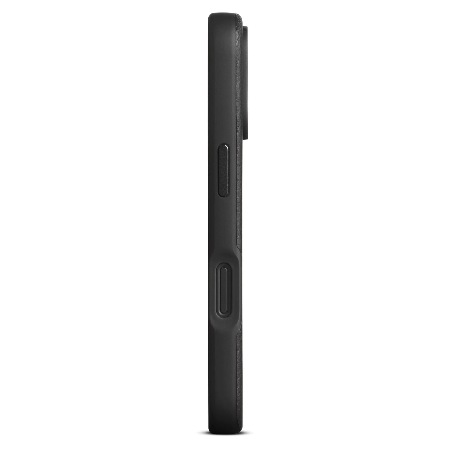 WOOLNUT læderetui til iPhone 16 Pro sort, sideview med synlige power/volumenknapper, kamerabump og MagSafe-kompatibilitet.
