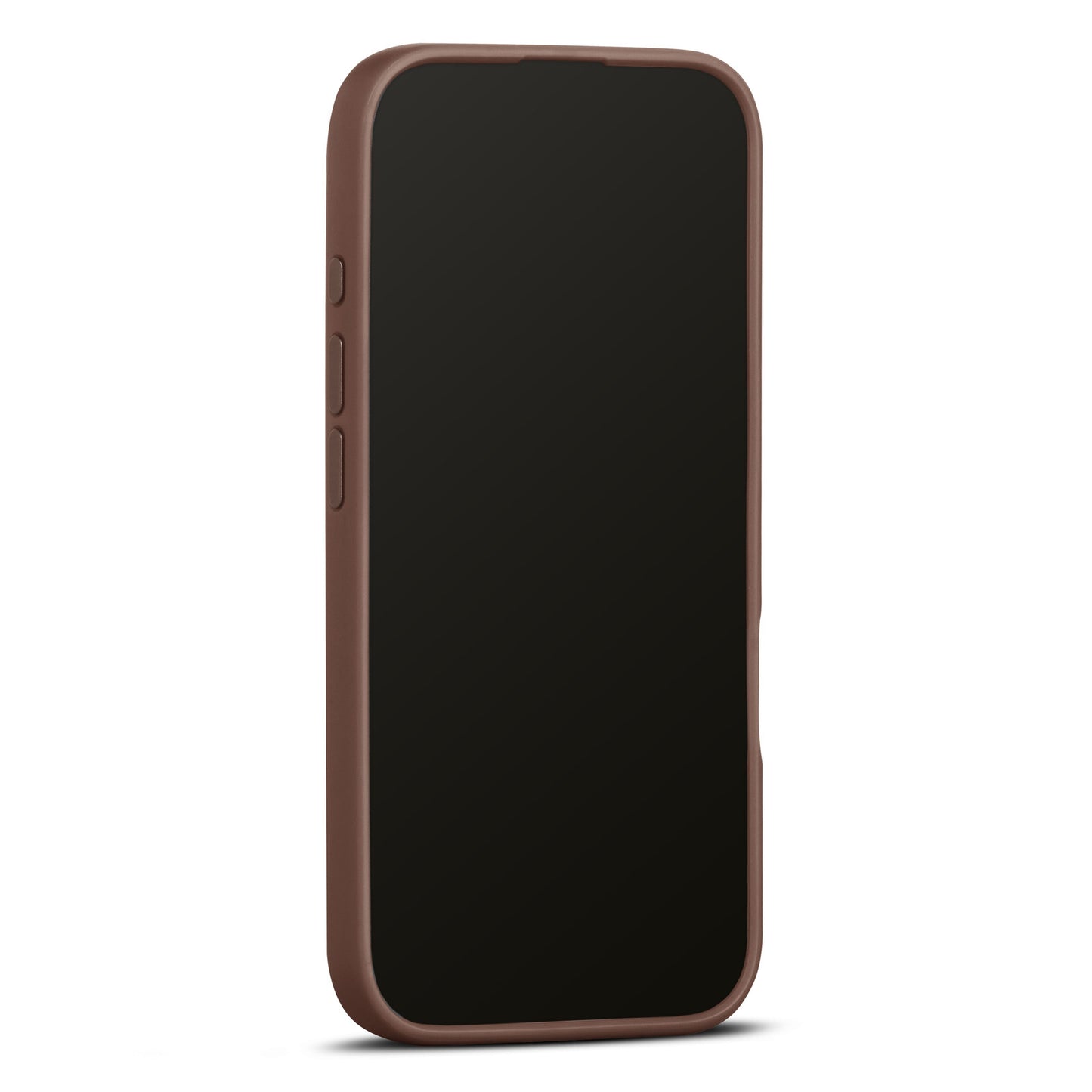 WOOLNUT læderetui cognac til iPhone 16 Pro med MagSafe, vist med sort skærm.