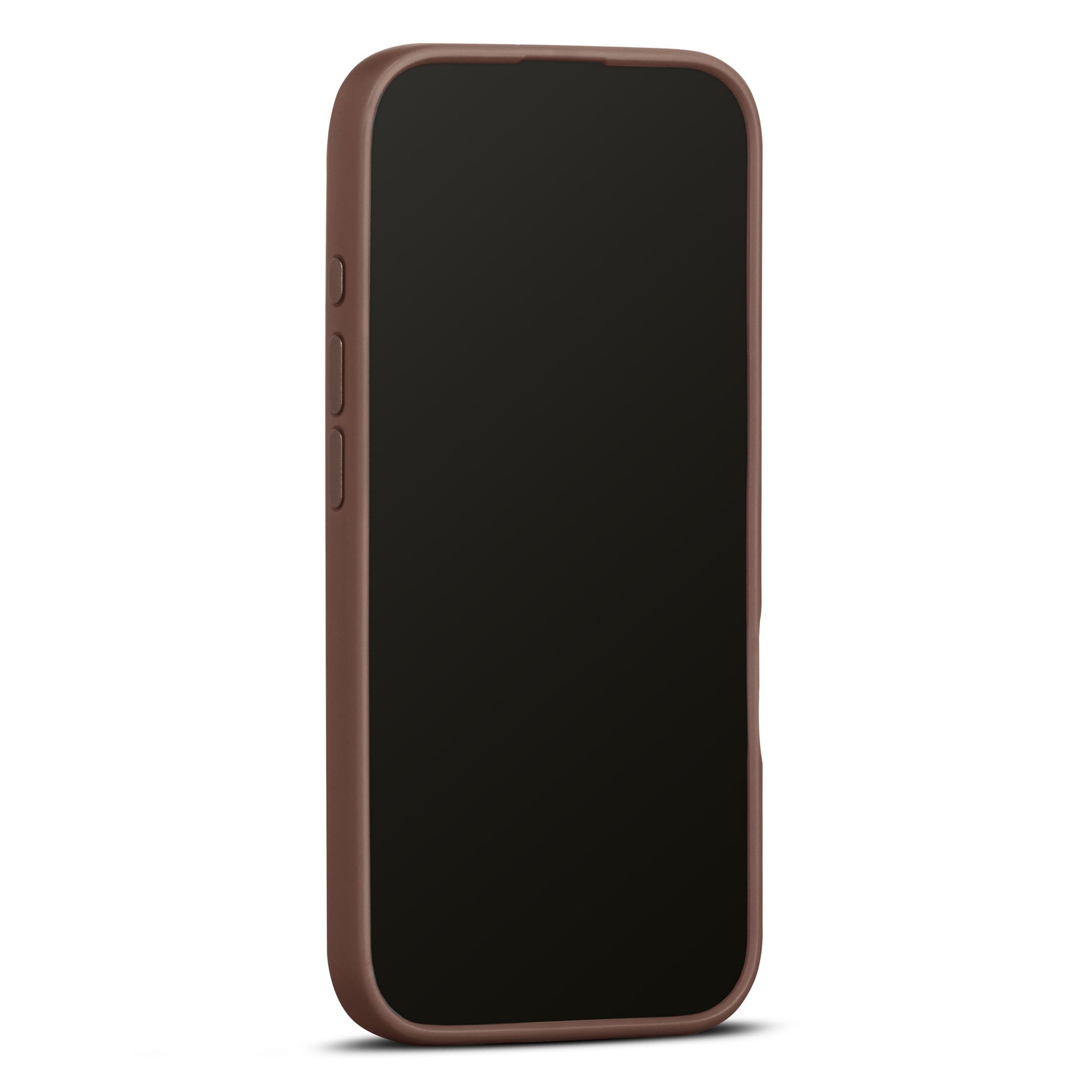 WOOLNUT læderetui cognac til iPhone 16 Pro med MagSafe, vist med sort skærm.
