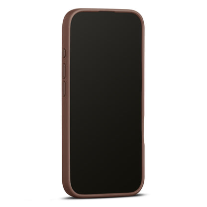 WOOLNUT læderetui cognac til iPhone 16 Pro med MagSafe, vist med sort skærm.