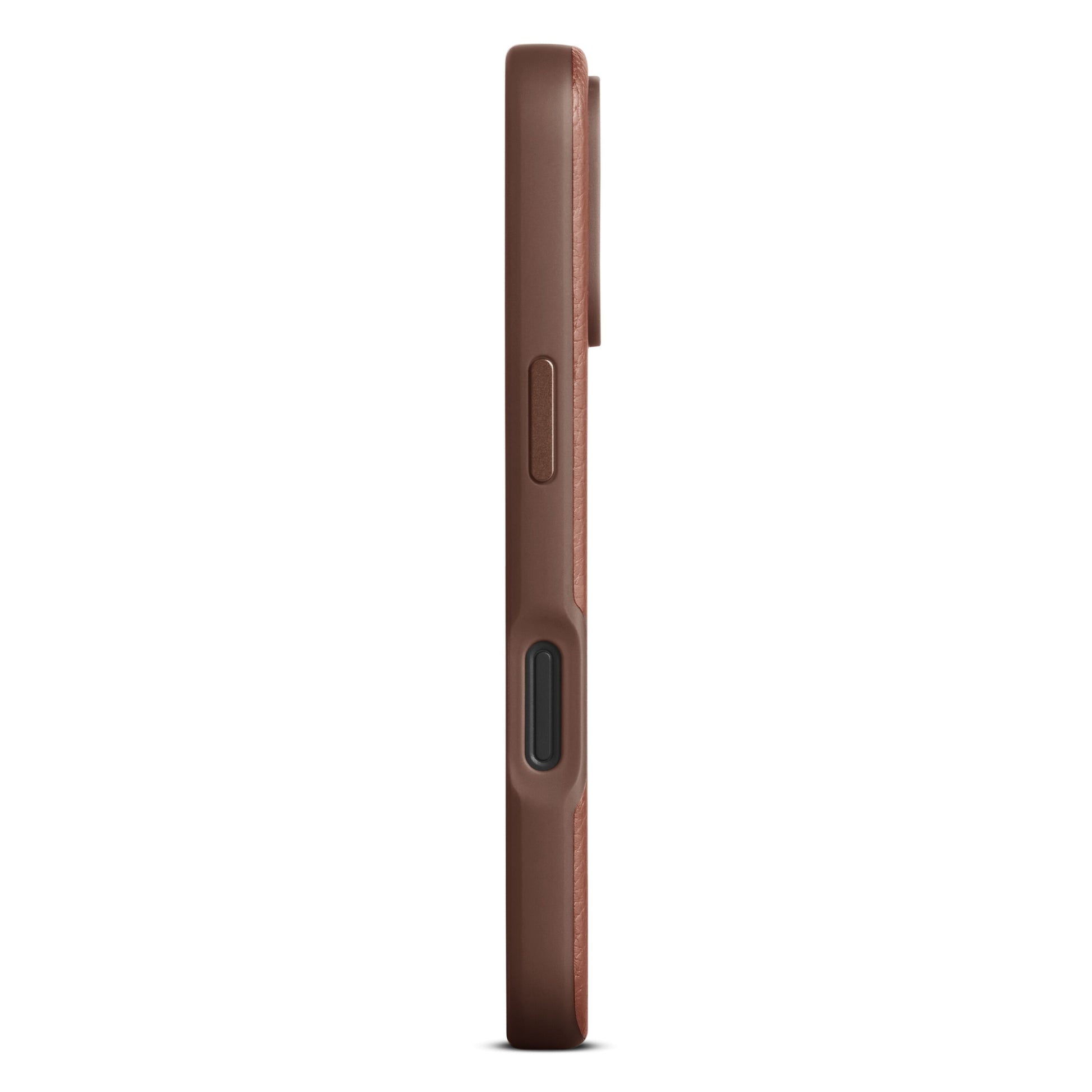 WOOLNUT læderetui til iPhone 16 Pro Cognac, side med powerknap, udskæring til opladning, forhøjet kamerabeskyttelse, MagSafe.