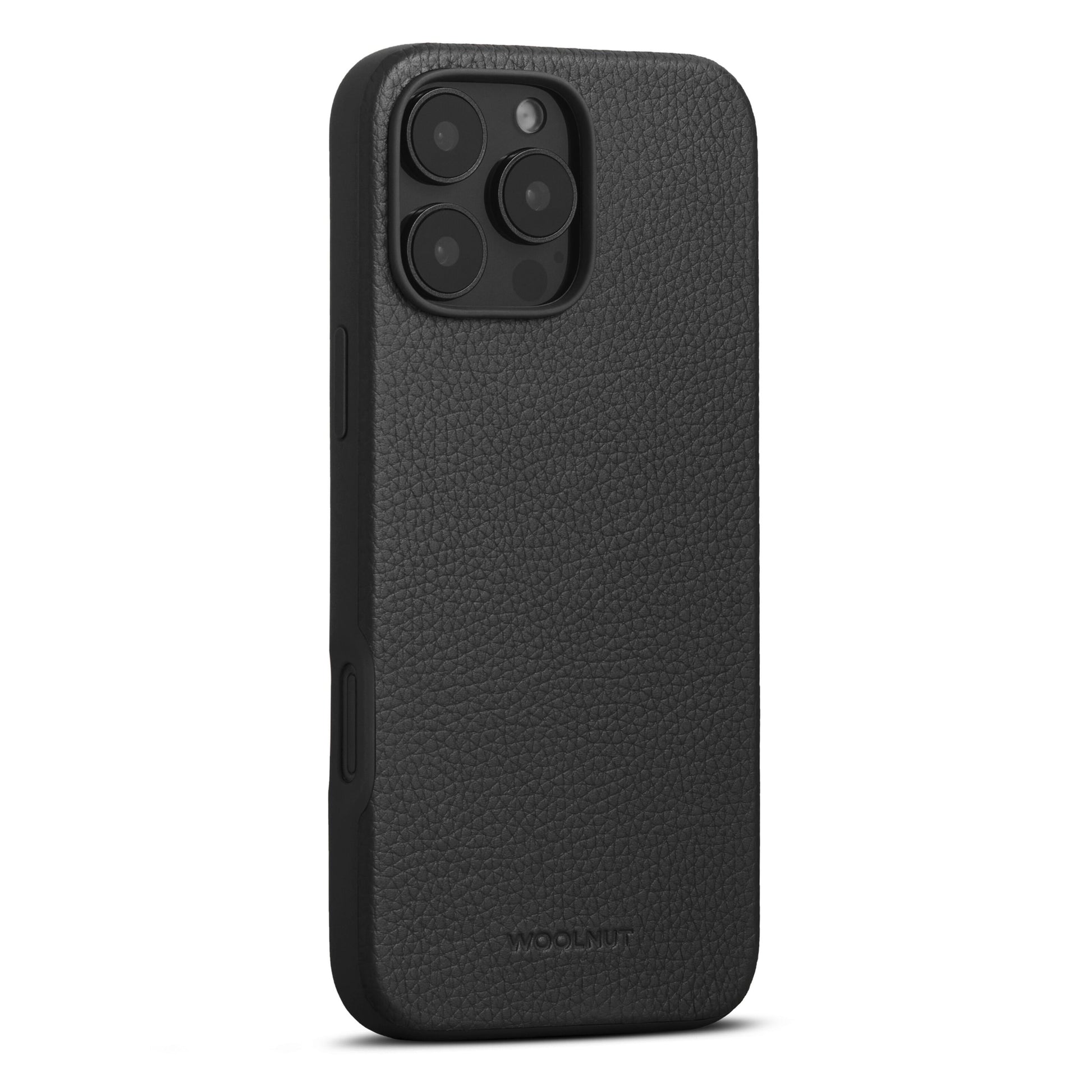 WOOLNUT læderetui til iPhone 16 Pro Max sort, dækker taske/side, udskæring til kamera/knapper, MagSafe kompatibelbelt.