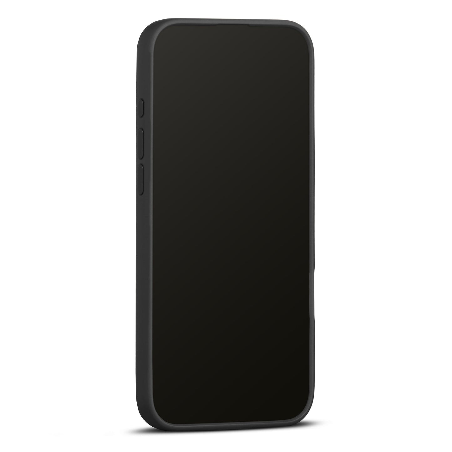 WOOLNUT læderetui til iPhone 16 Pro Max Sort, vises på sort smartphone med blank skærm og sideknapper venstre.