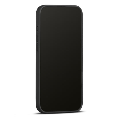WOOLNUT læderetui til iPhone 16 Pro Max Sort, vises på sort smartphone med blank skærm og sideknapper venstre.
