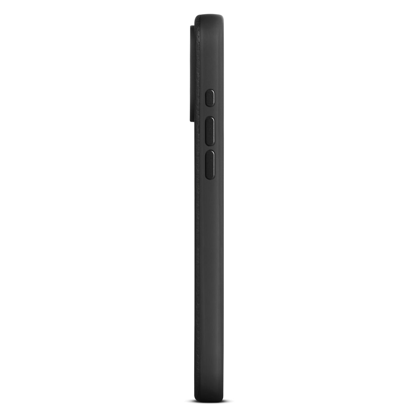 WOOLNUT læderetui til iPhone 16 Pro Max Sort, side med volumen- og tænd/sluk-knap, let hævet kameralinse, MagSafe kompatibel.