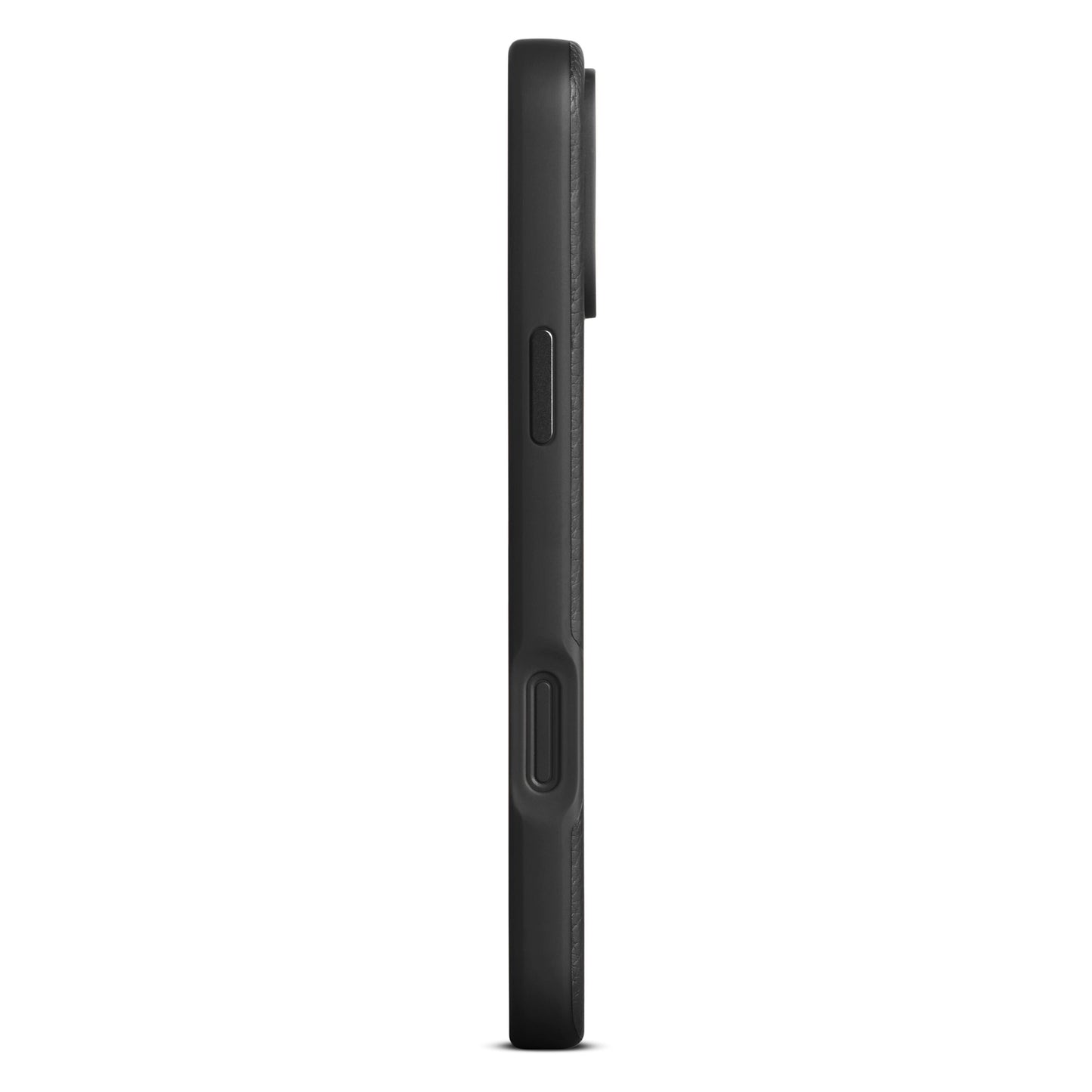WOOLNUT læderetui til iPhone 16 Pro Max Sort, side med MagSafe-kompatibel sort telefon, kamerabump og knapper.