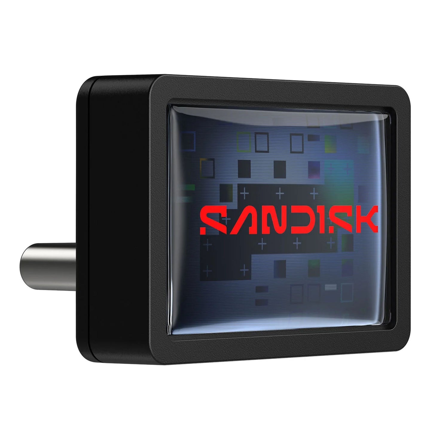 Sandisk Extreme Fit USB-C hukommelse, sort med sølv stik, rød Sandisk-logo, geometrisk mønster, 64 GB lagerplads.