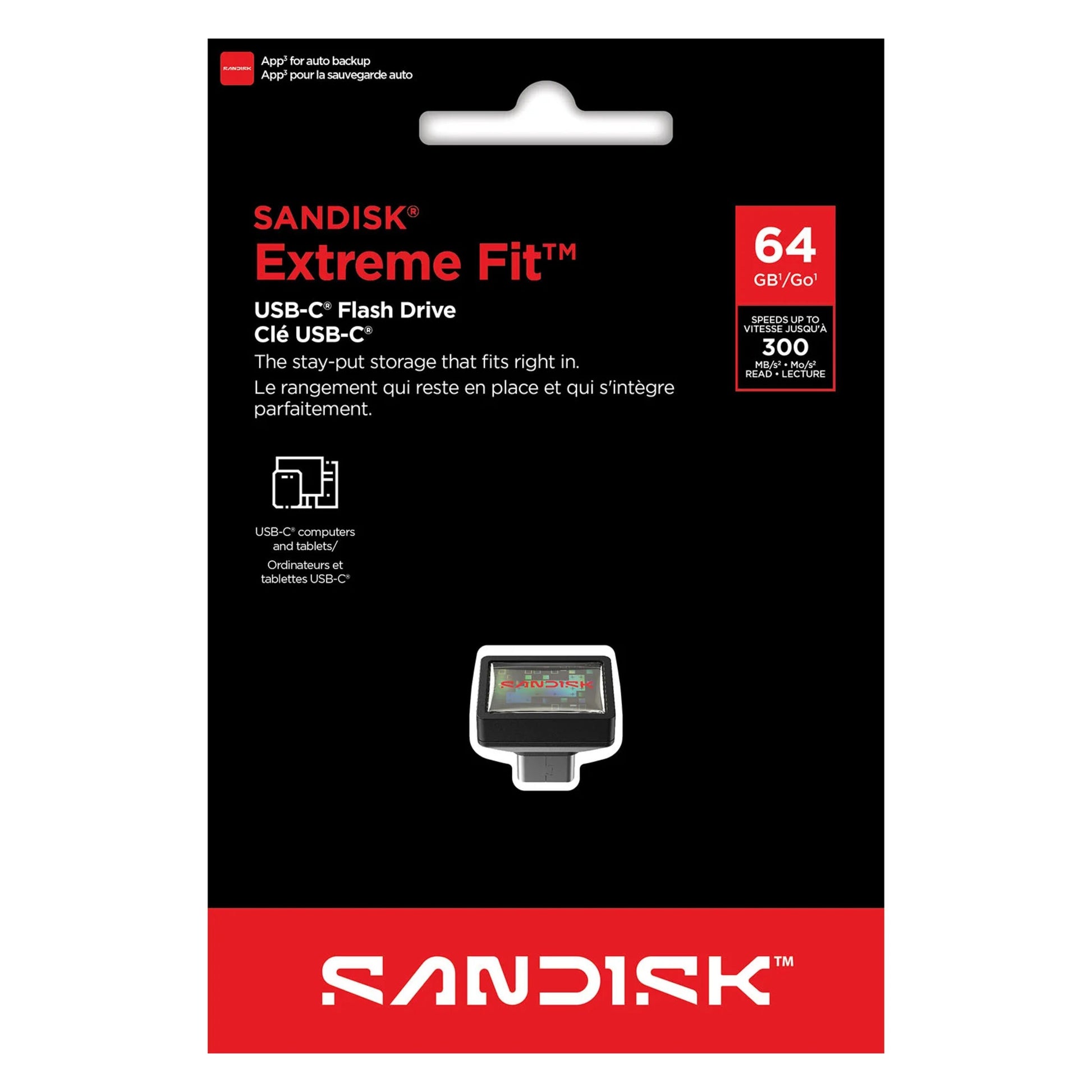 SanDisk Extreme Fit USB-C hukommelse 64GB op til 300MB/s sort/rød emballage flashdrev synligt midt på pakken.