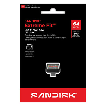 SanDisk Extreme Fit USB-C hukommelse 64GB op til 300MB/s sort/rød emballage flashdrev synligt midt på pakken.