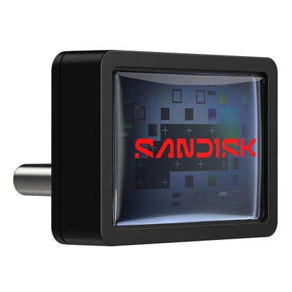 Sandisk Extreme Fit USB-C hukommelse 128GB nærbillede, rødt Sandisk-logo på gennemsigtig rektangulær flade.