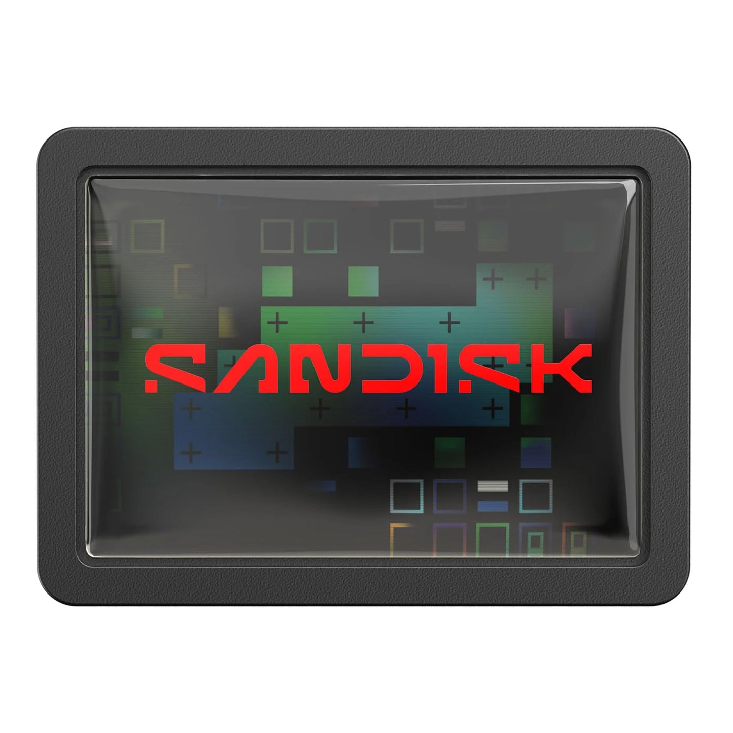 Sandisk Extreme Fit USB-C hukommelse 128 GB sort kabinet med rød logo på blank overflade, geometriske mønstre baggrund.