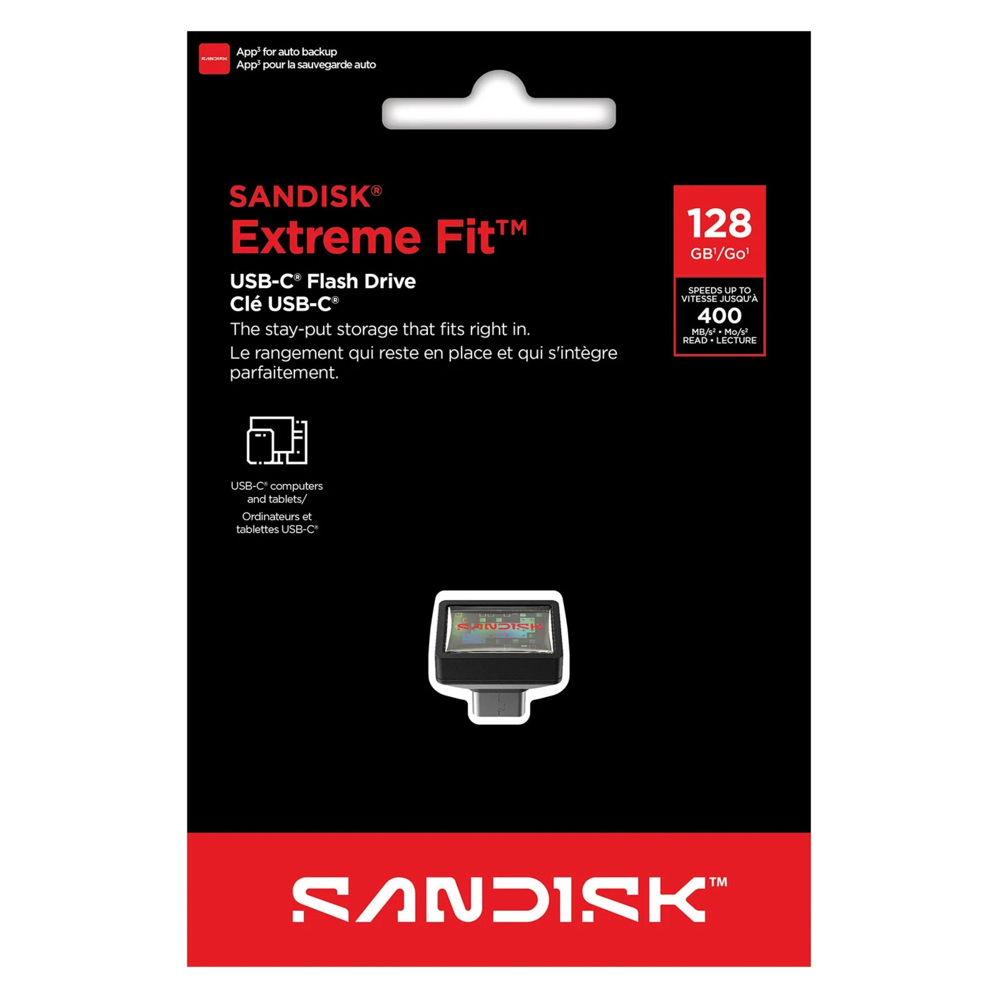 Sandisk Extreme Fit USB-C-hukommelse 128GB emballage, sort/rød design, op til 400MB/s læsehastighed, Sandisk-logo.