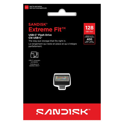 Sandisk Extreme Fit USB-C-hukommelse 128GB emballage, sort/rød design, op til 400MB/s læsehastighed, Sandisk-logo.