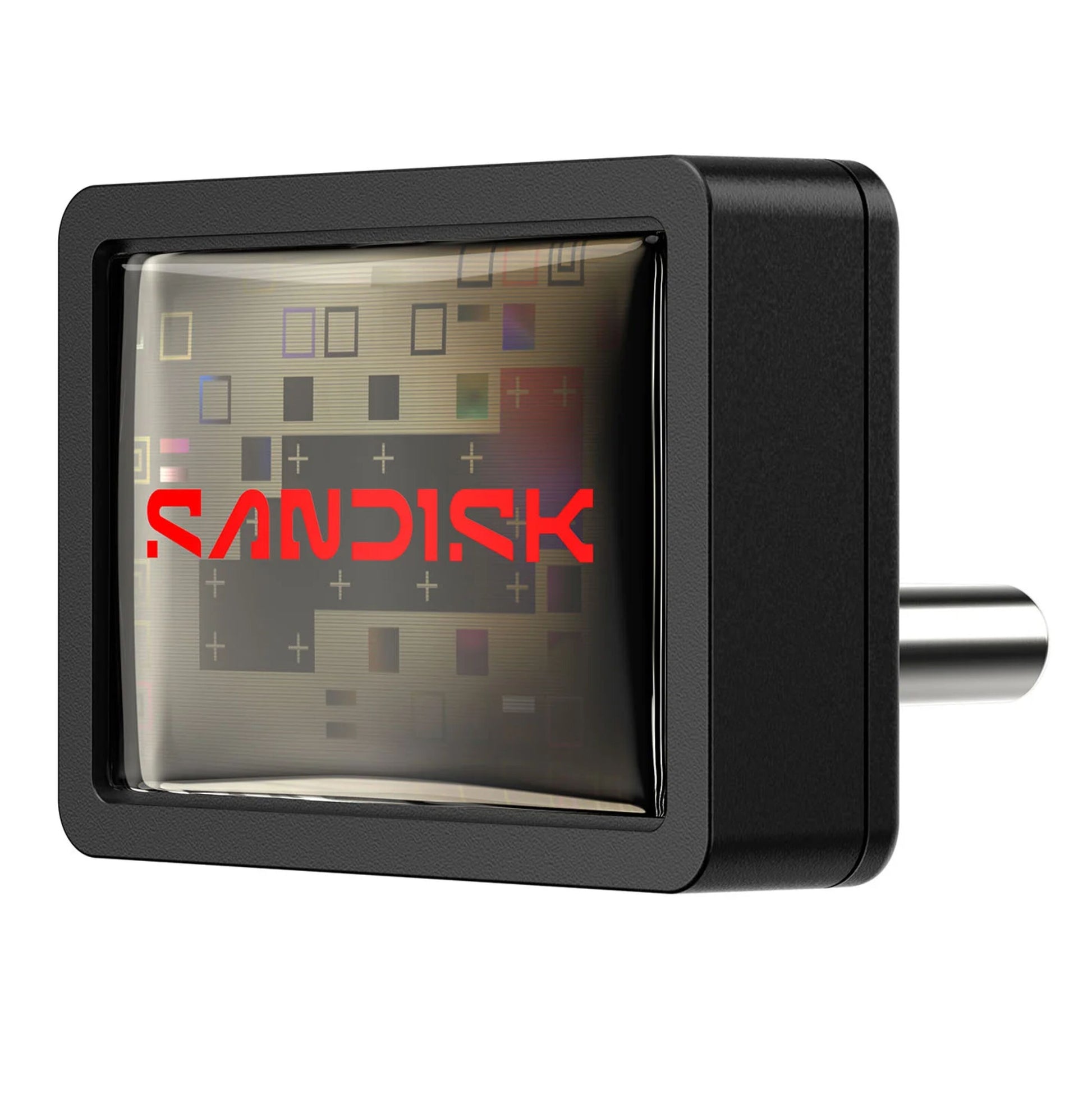 Sandisk Extreme Fit USB-C hukommelse 256 GB sort med rødt Sandisk-logo og geometriske mønstre på blank overflade.