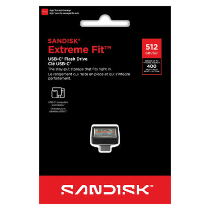 Sandisk Extreme Fit USB-C hukommelse 512GB op til 400MB/s retail-emballage med engelsk og fransk tekst rød sort.