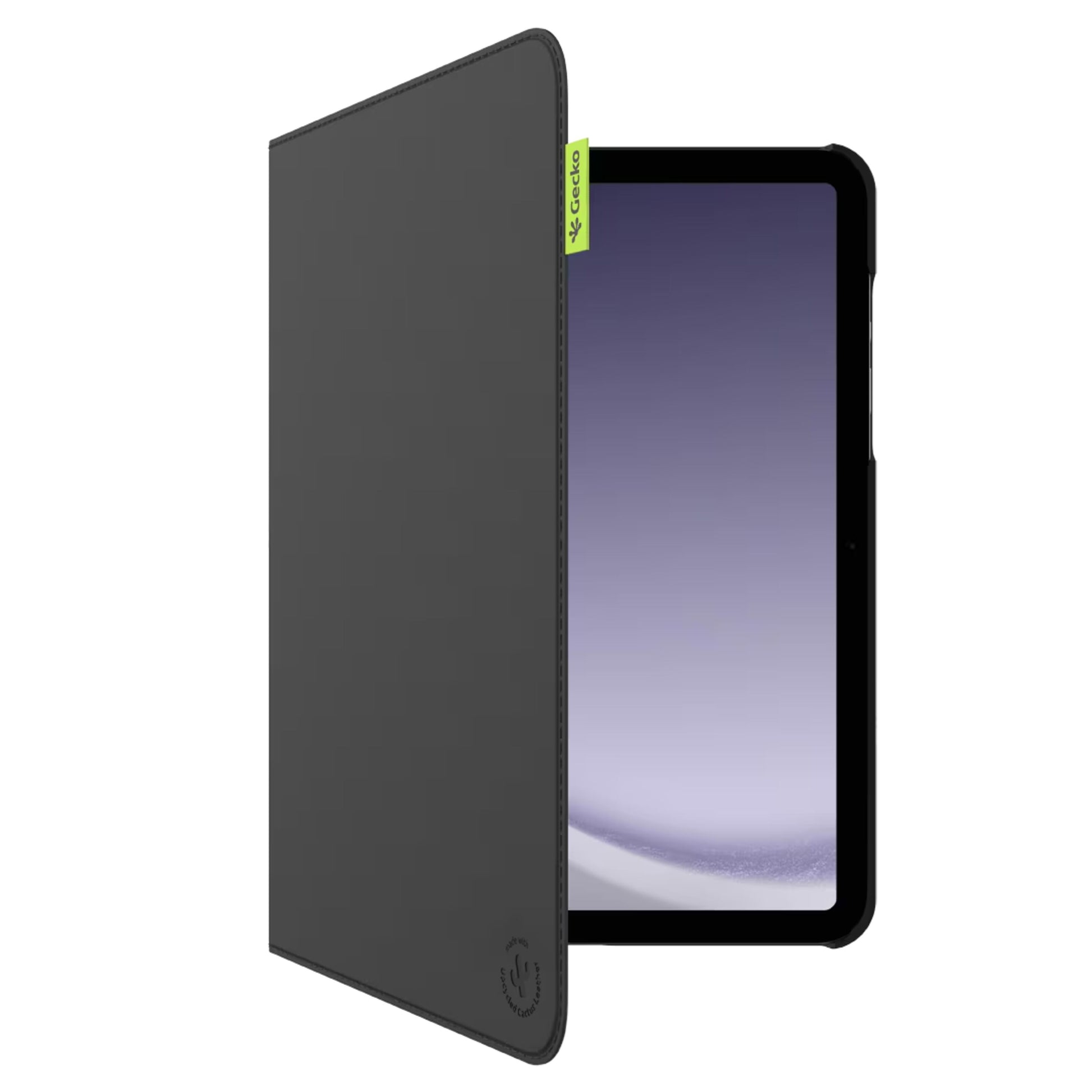 Sort Cactus Folio cover til Samsung Galaxy Tab A11+/A9+ 11", delvist åben med synlig tablet og grøn eco-tag på kanten.