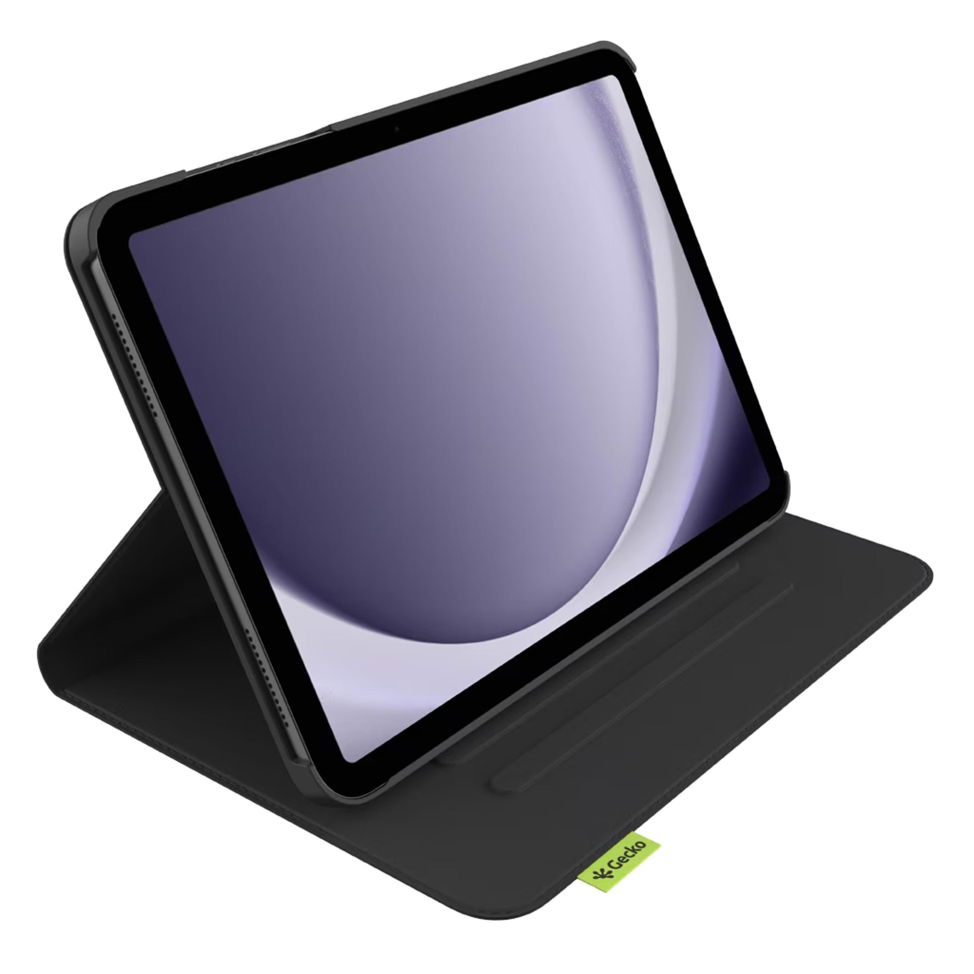 Samsung Galaxy Tab A11+/A9+ 11" i sort kaktuslæder folio cover, stående landscape, grøn tag på coveret.