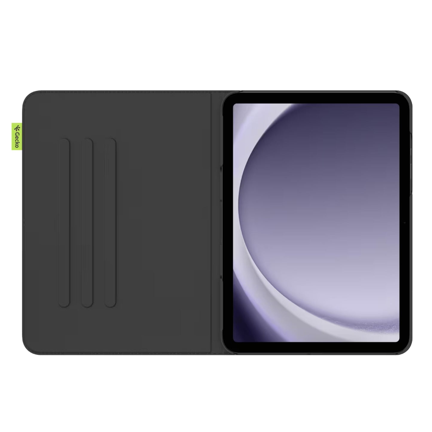 Samsung Galaxy Tab A11+/A9+ 11" i mørkegrå Cactus Folio etui med tre riller og grøn fane, åben med lilla-hvid skærm.