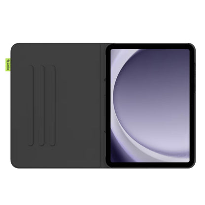 Samsung Galaxy Tab A11+/A9+ 11" i mørkegrå Cactus Folio etui med tre riller og grøn fane, åben med lilla-hvid skærm.
