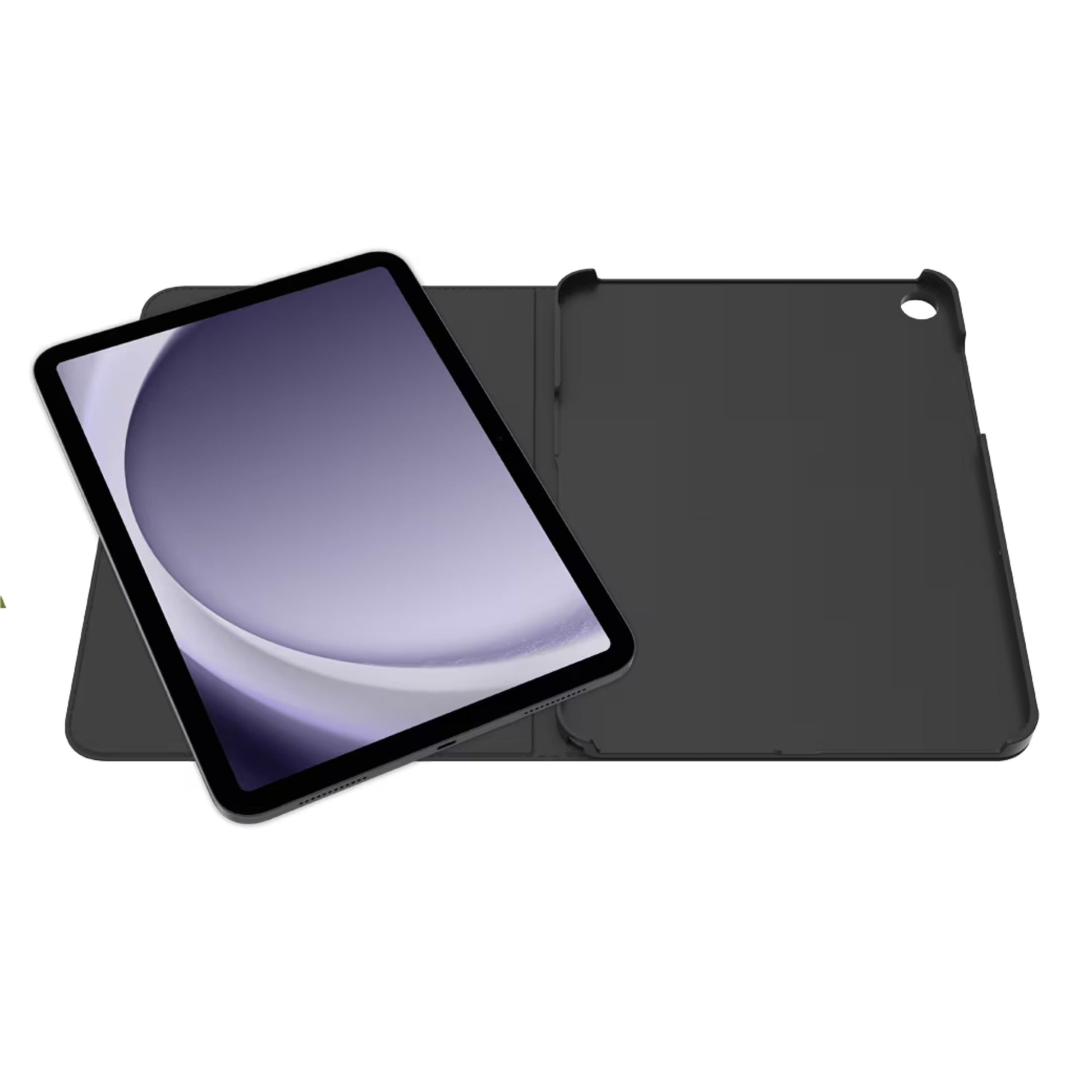 Sort Gecko Covers Cactus Folio til Samsung Galaxy Tab A11+/A9+ 11", åben med tablet og lilla-hvidt abstrakt cirkelmotiv på skærmen.