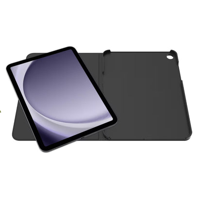 Sort Gecko Covers Cactus Folio til Samsung Galaxy Tab A11+/A9+ 11", åben med tablet og lilla-hvidt abstrakt cirkelmotiv på skærmen.