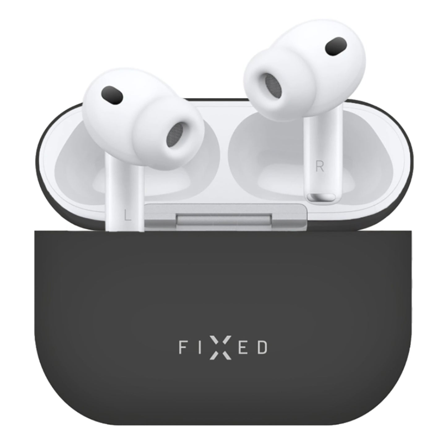 Apple AirPods Pro 3 hvide trådløse ørepropper i sort Silkeblød silikoneetui med FIXED-logo, L og R vises.