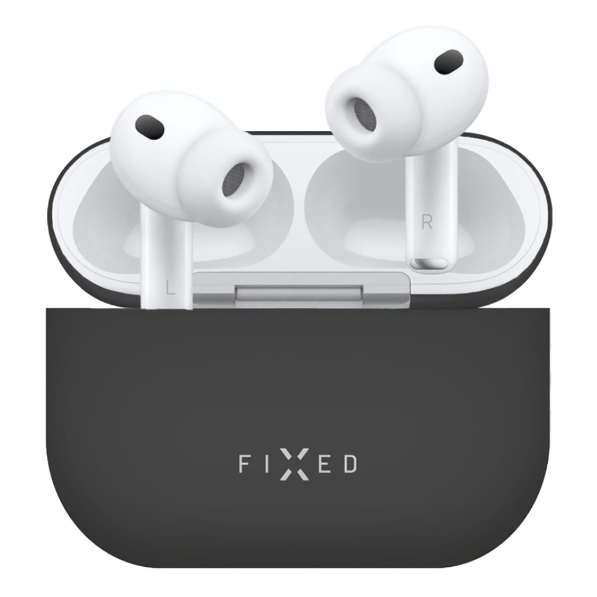 Apple AirPods Pro 3 hvide trådløse ørepropper i sort Silkeblød silikoneetui med FIXED-logo, L og R vises.
