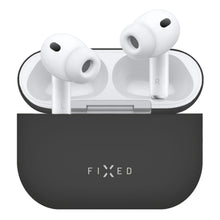 Apple AirPods Pro 3 hvide trådløse ørepropper i sort Silkeblød silikoneetui med FIXED-logo, L og R vises.