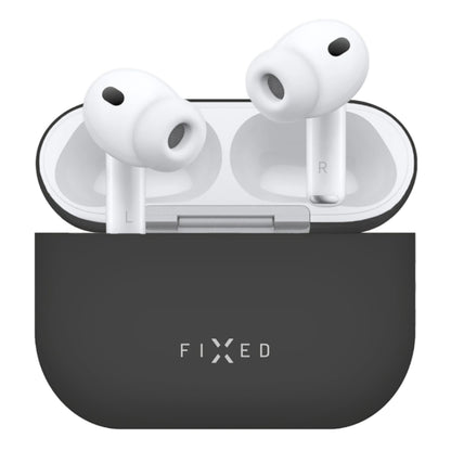 Apple AirPods Pro 3 hvide trådløse ørepropper i sort Silkeblød silikoneetui med FIXED-logo, L og R vises.
