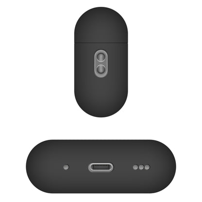 Silkeblød silikoneetui til Apple AirPods Pro 3 sort, oval form, USB-C port, indikatorlys og knapdetaljer vises.